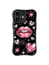 PhoneCasing iPhone 16 case with glowing pink diamond hearts, glossy lips, and black velvet texture, a striking iPhone 16 casing with fashion illustration flair.