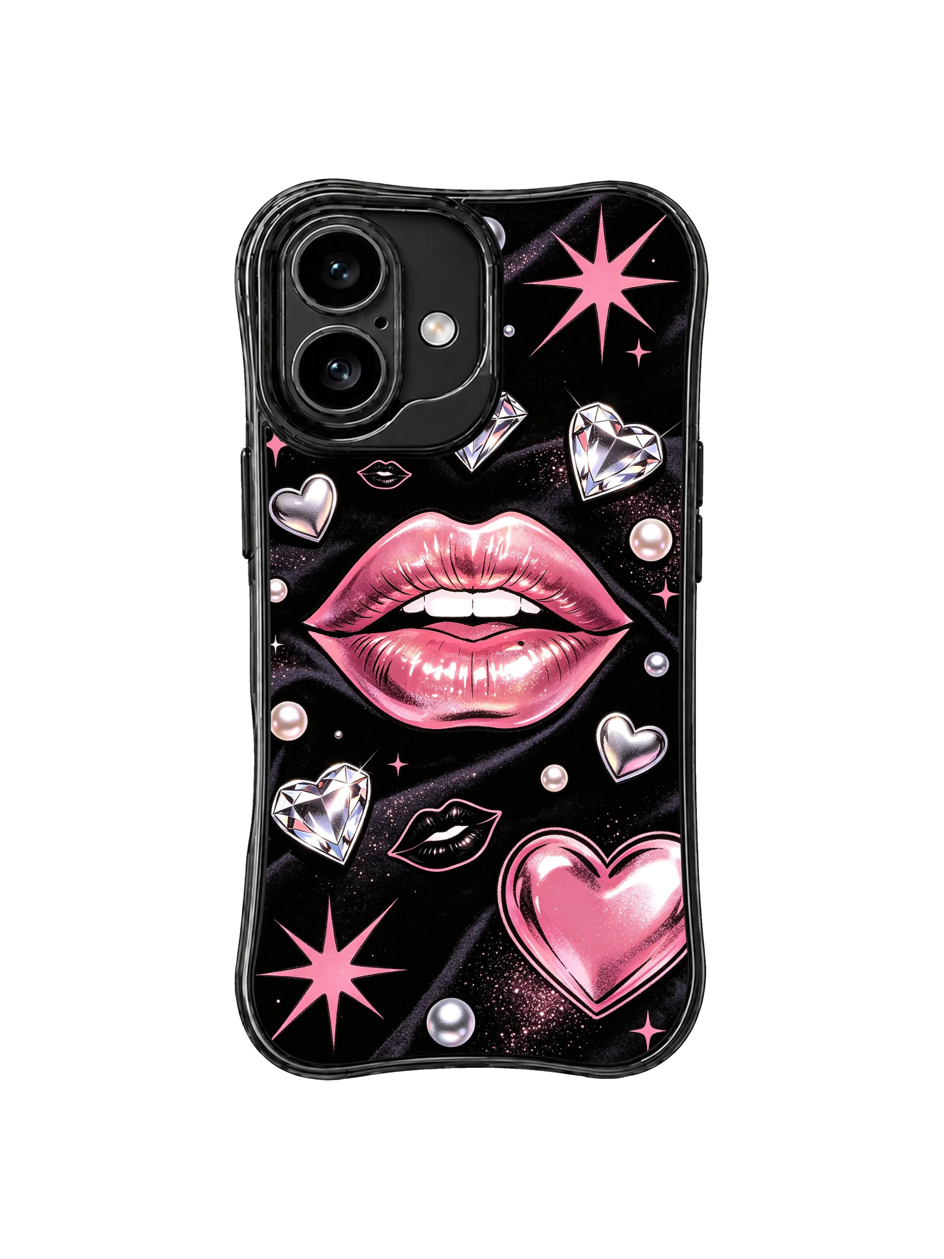 PhoneCasing iPhone 16 case with glowing pink diamond hearts, glossy lips, and black velvet texture, a striking iPhone 16 casing with fashion illustration flair.