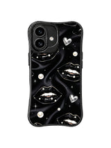 PhoneCasing iPhone 16 case with black pearl heart pattern, glossy lips, satin folds, and refined sparkle for a statement iphone 16 cover.