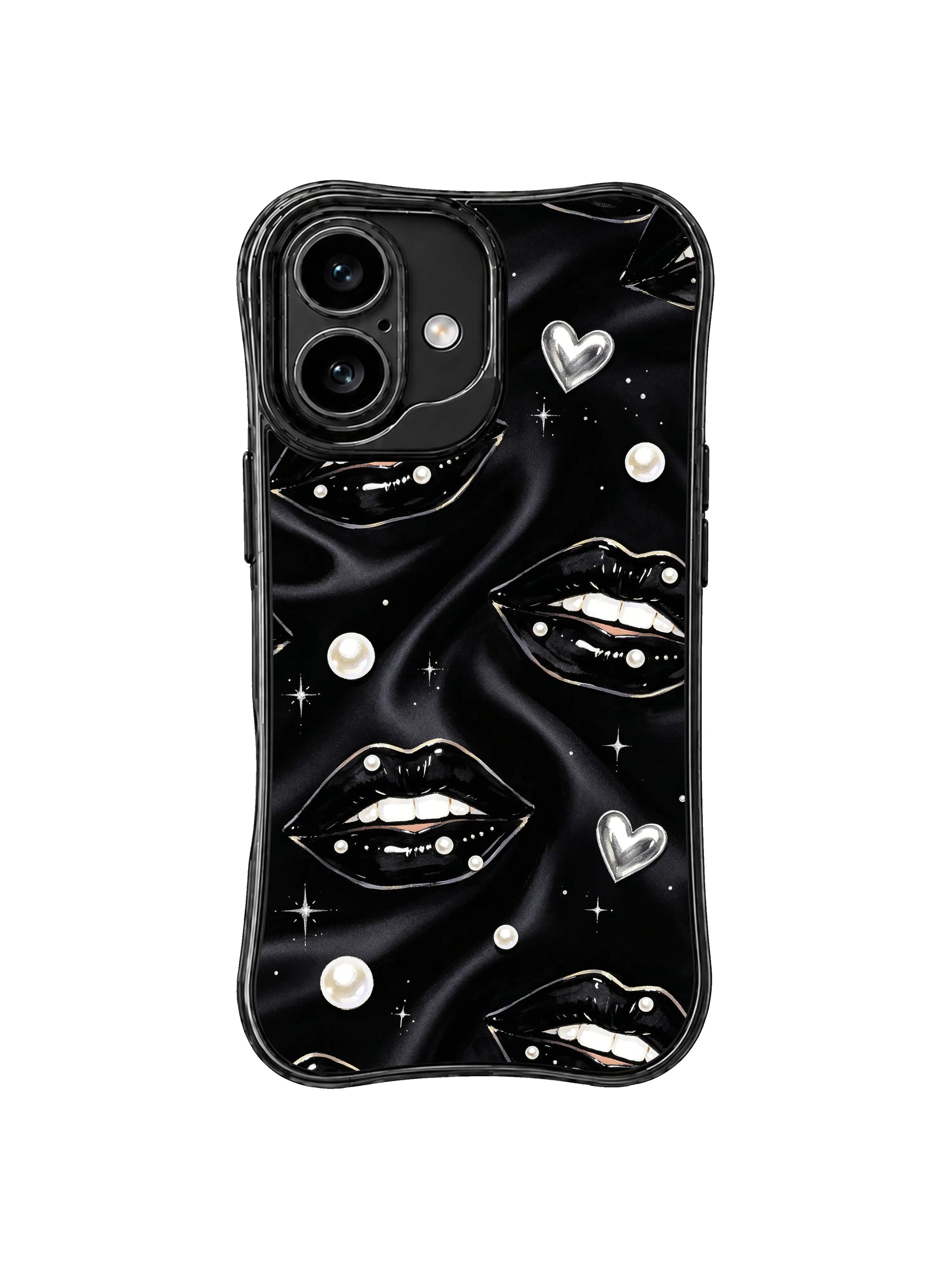 PhoneCasing iPhone 16 case with black pearl heart pattern, glossy lips, satin folds, and refined sparkle for a statement iphone 16 cover.