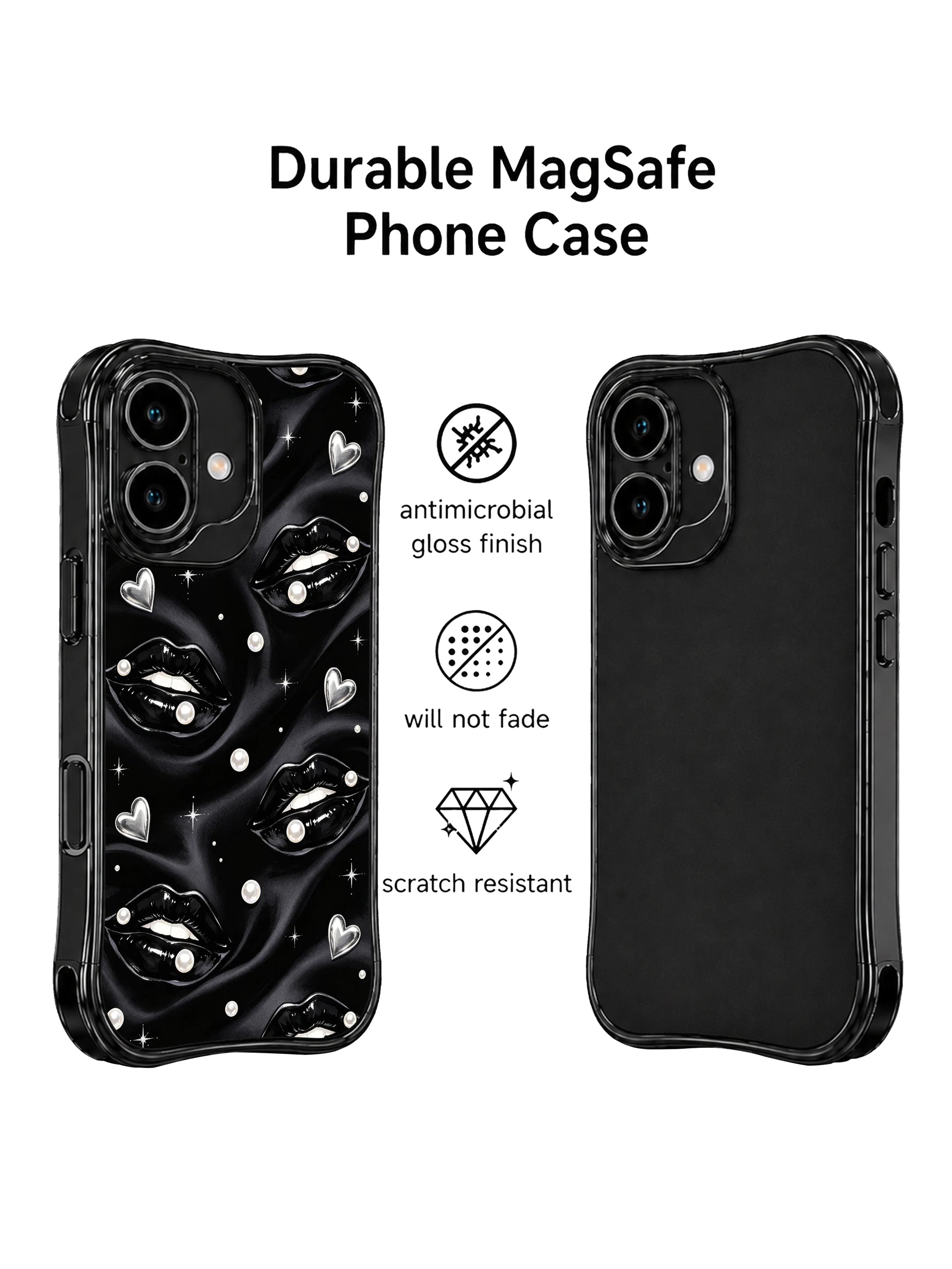 PhoneCasing iPhone 16 case with black pearl lips, soft satin folds, white star accents, and a refined look for iPhone 16 cases.