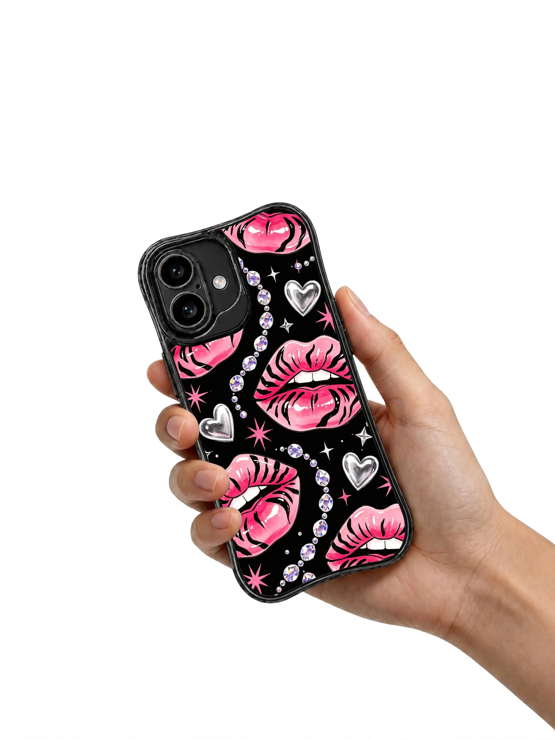 PhoneCasing iPhone 16 case with black background, pink tiger lips, and rhinestone sparkle, styled as a standout iphone 16 cover.