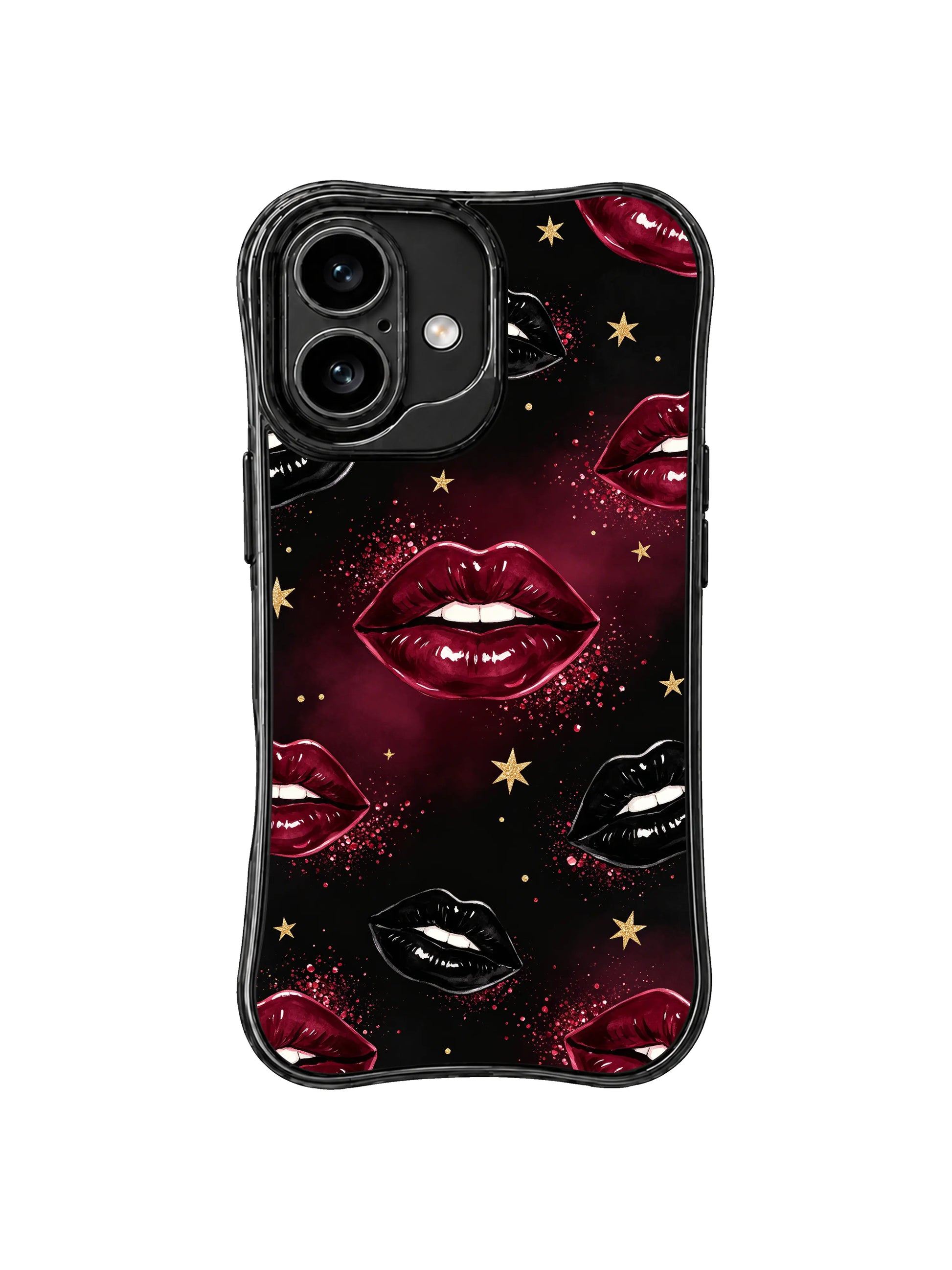 PhoneCasing iPhone 16 case featuring black and red glam lips, wine-colored glitter clouds, and a bold iPhone 16 Pro Max case inspired finish.