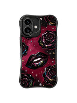 PhoneCasing iPhone 16 case featuring black roses, crystal dots, glossy lips, and a deep romantic background for an elevated iPhone16 casing feel.