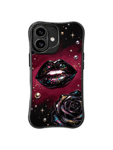 PhoneCasing iPhone 16 case featuring black rose glamour, pearl shine, and sequin lips for customers comparing iPhone 16 Pro Max case styles.