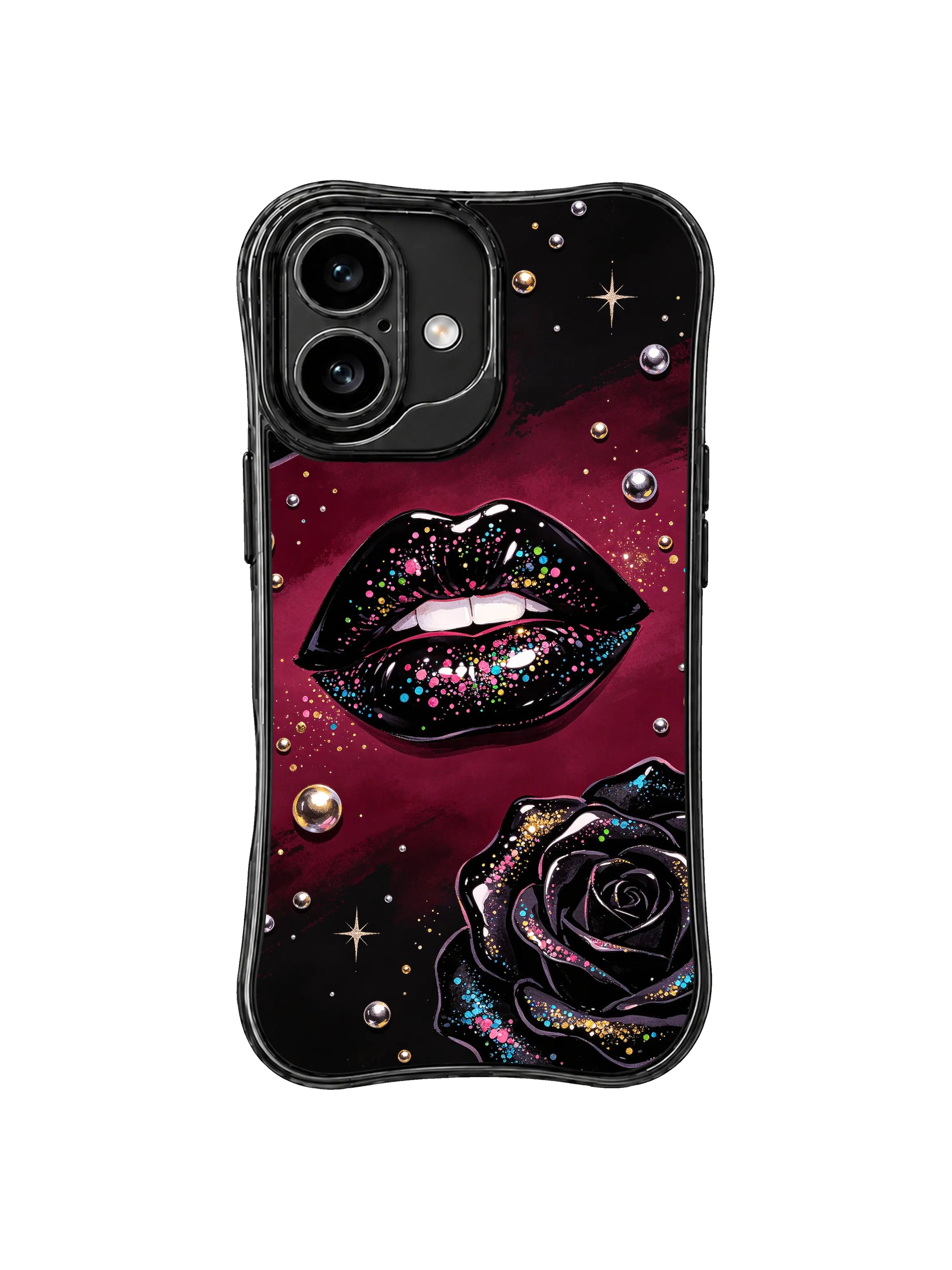 PhoneCasing iPhone 16 case featuring black rose glamour, pearl shine, and sequin lips for customers comparing iPhone 16 Pro Max case styles.