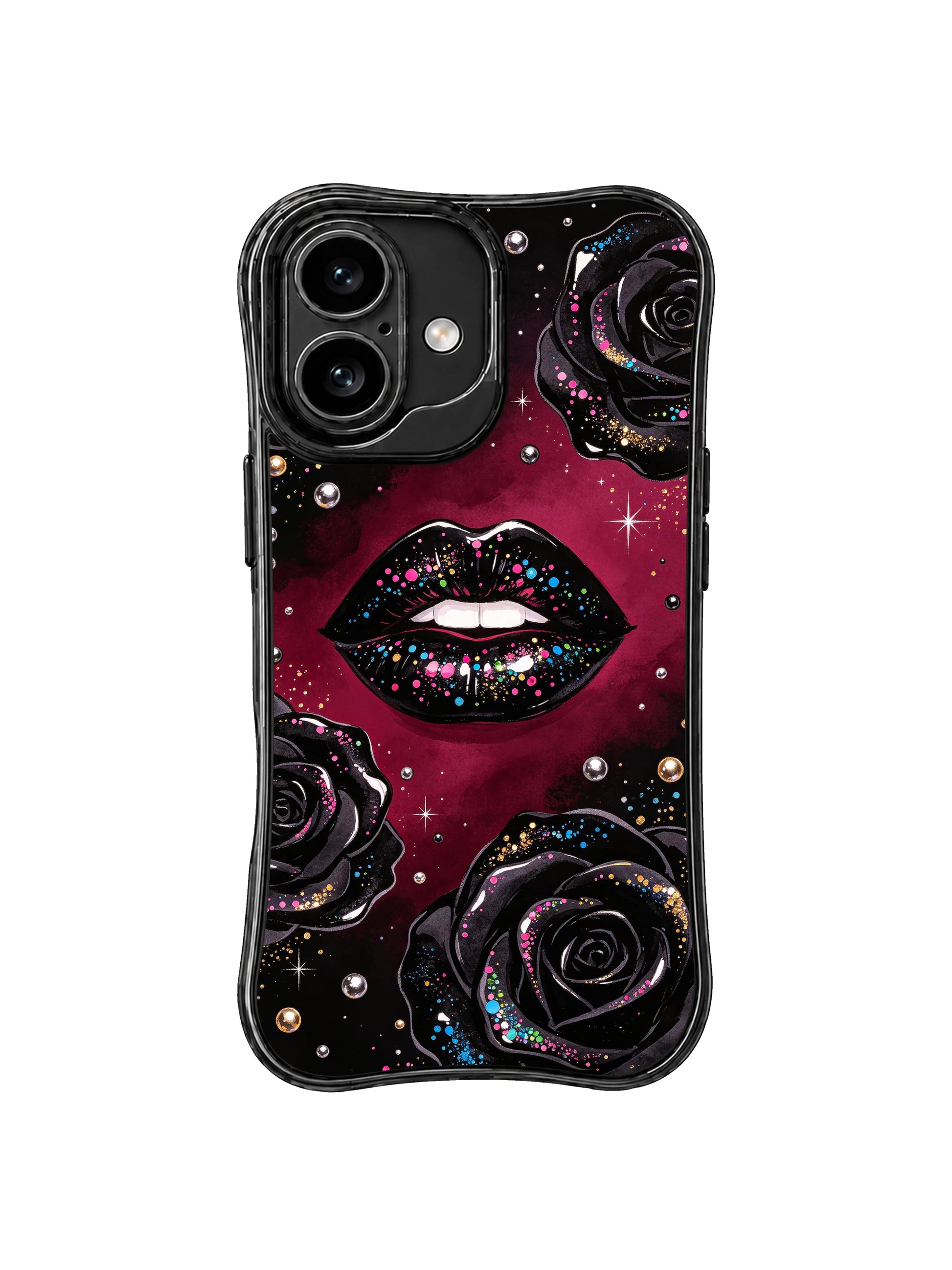 PhoneCasing iPhone 16 case featuring Black Rose Sequin Lips artwork with glossy black lips, dark roses, colorful sparkle, and a burgundy night background.