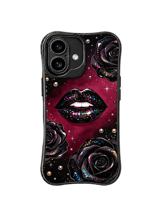 PhoneCasing iPhone 16 case featuring Black Rose Sequin Lips artwork with glossy black lips, dark roses, colorful sparkle, and a burgundy night background.
