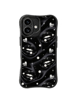 PhoneCasing iPhone 16 case with black silk lips, pearl shine, silver heart charms, and subtle stars for a refined iPhone16 casing look.
