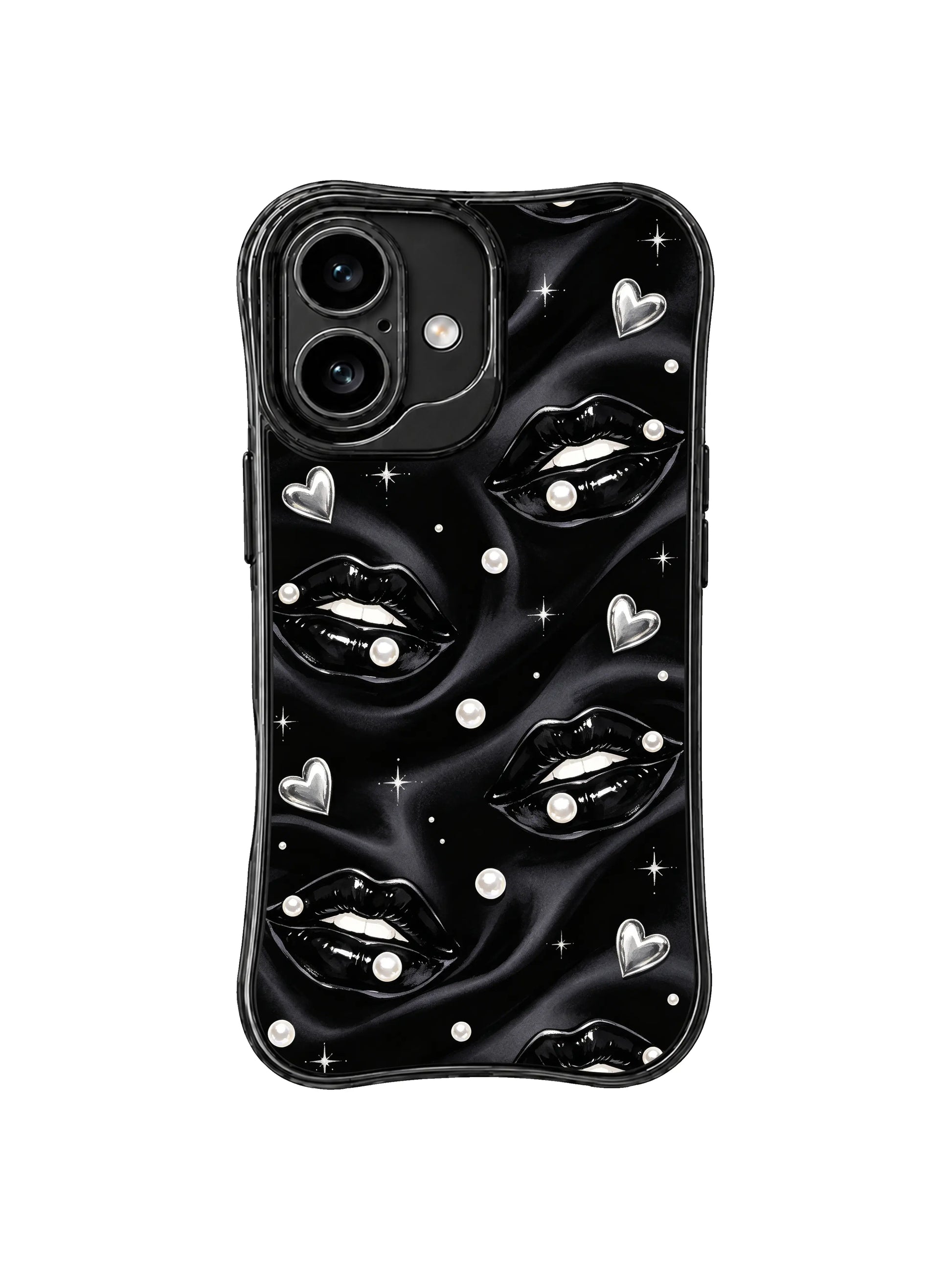PhoneCasing iPhone 16 case with black silk lips, pearl shine, silver heart charms, and subtle stars for a refined iPhone16 casing look.