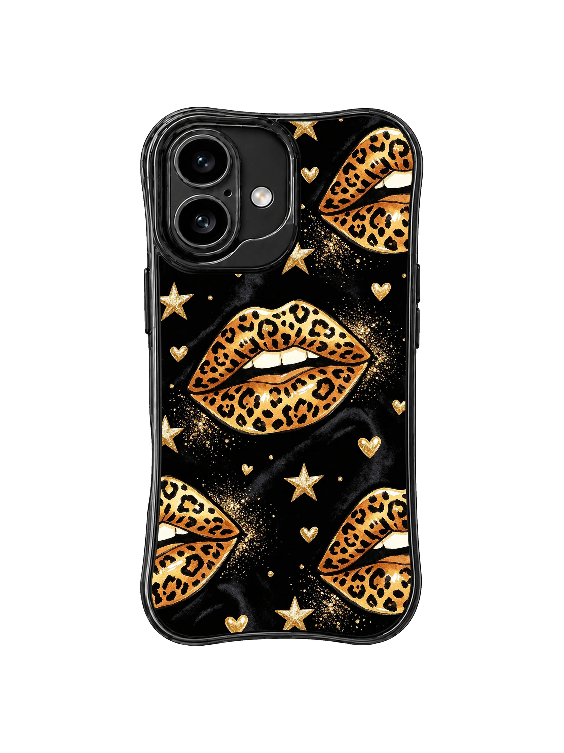 PhoneCasing iPhone 16 case with black sky cheetah lips, starbursts, and sweet heart accents, balancing fierce energy with polished glam.