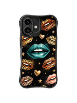 PhoneCasing iPhone 16 case with black star background, gold hearts, leopard lips, and glossy teal lips for a confident iPhone 16 cover look.