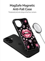 PhoneCasing iPhone 16 case with a black velvet aesthetic, sparkling pink lips, and radiant heart gems, created as a standout iPhone 16 cover with elegant pop-art energy.