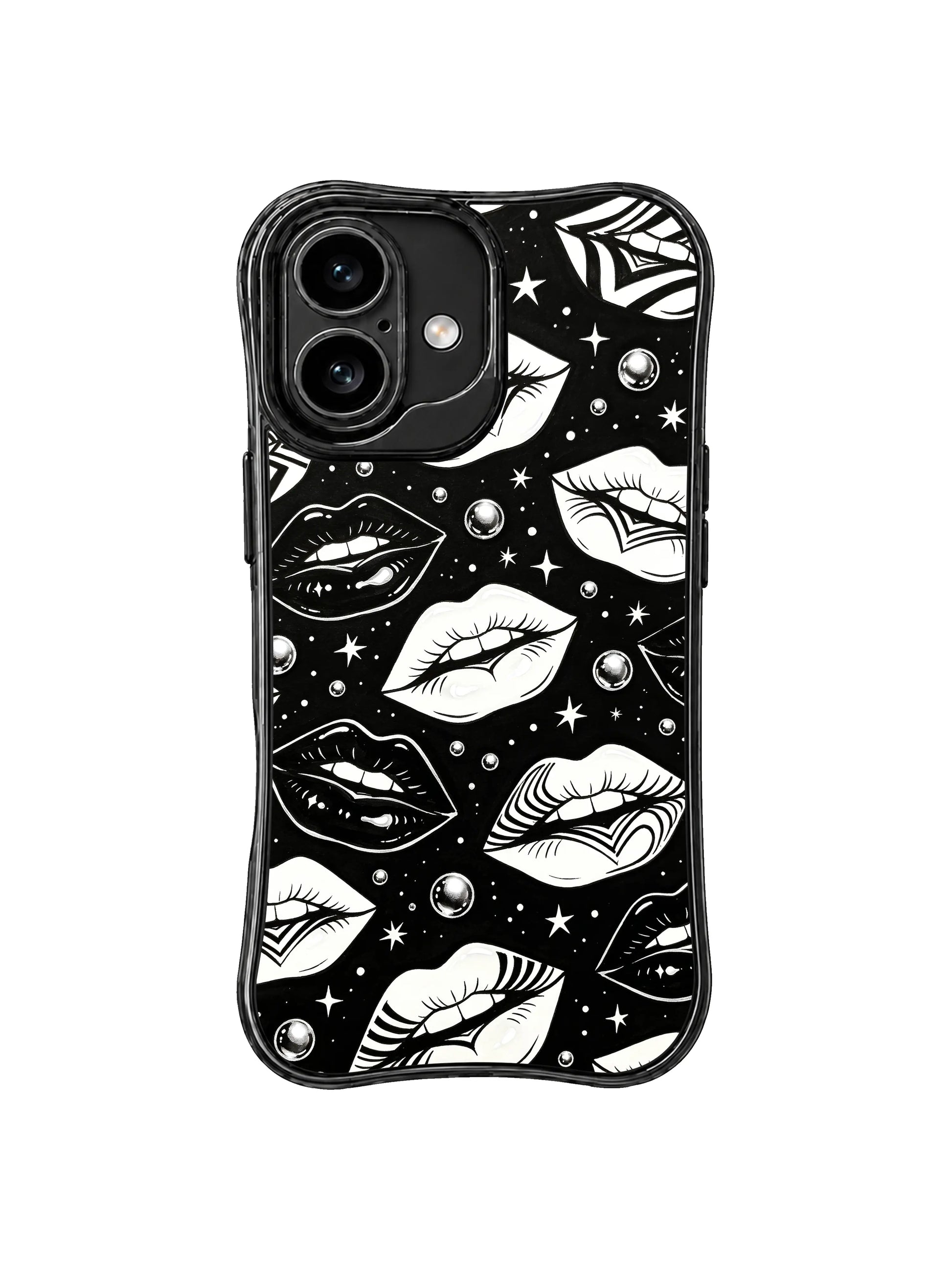 PhoneCasing iPhone 16 case with black white fashion lips, optical illusion details, and a sleek look for customers exploring iPhone 16 cases.
