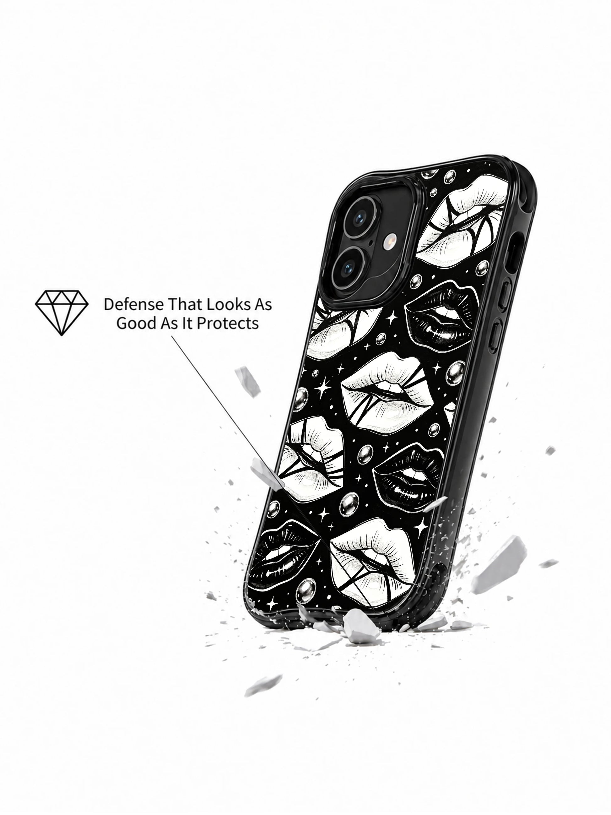 PhoneCasing iPhone 16 case featuring black white glam lips, silver bubbles, and sharp graphic contrast for an iPhone 16 Pro case inspired look.