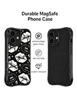 PhoneCasing iPhone 16 case with black and white lip art, graphic illusion lines, glossy black lips, and a refined monochrome look for iPhone 16 cases.