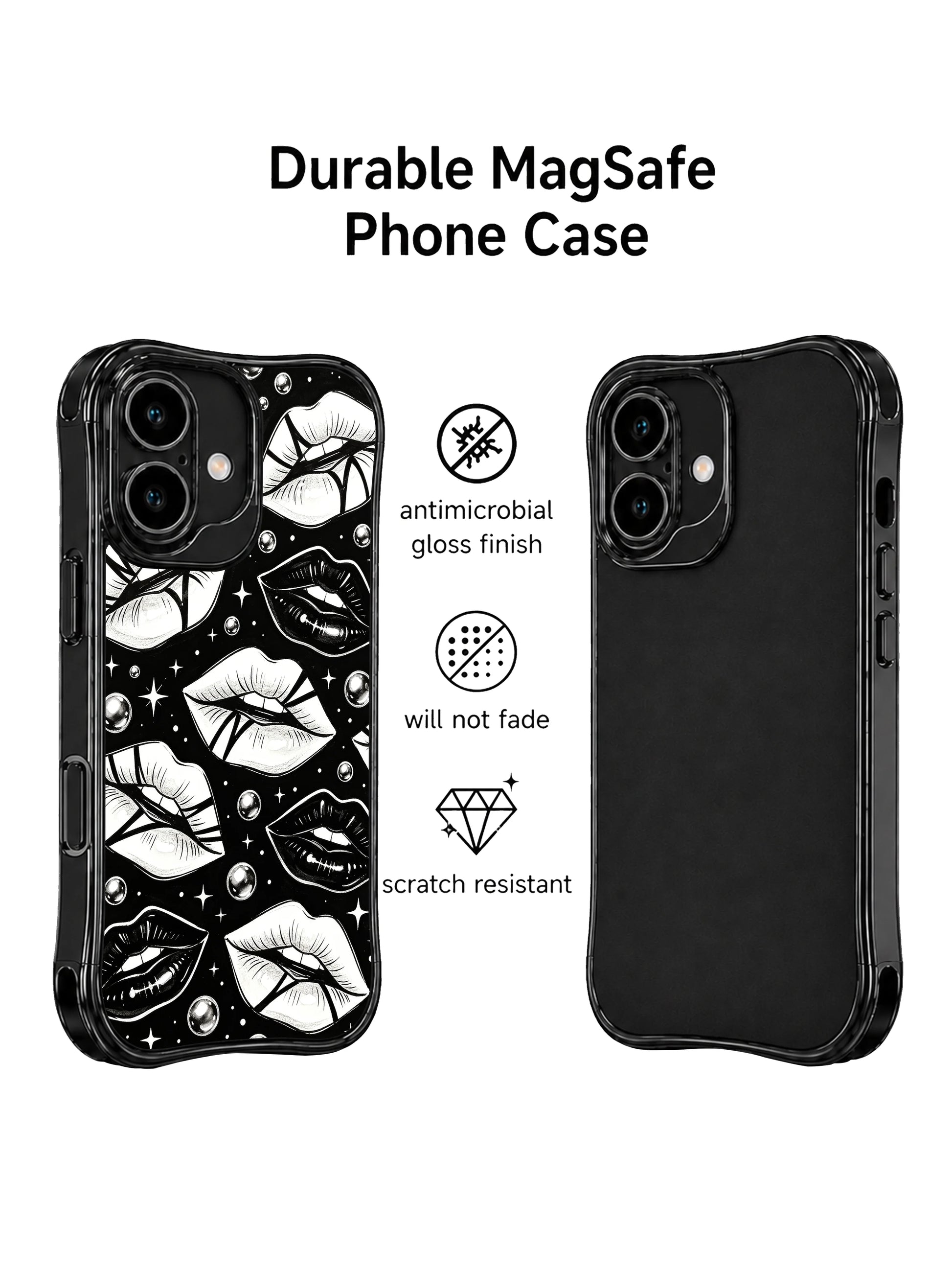 PhoneCasing iPhone 16 case with black and white lip art, graphic illusion lines, glossy black lips, and a refined monochrome look for iPhone 16 cases.