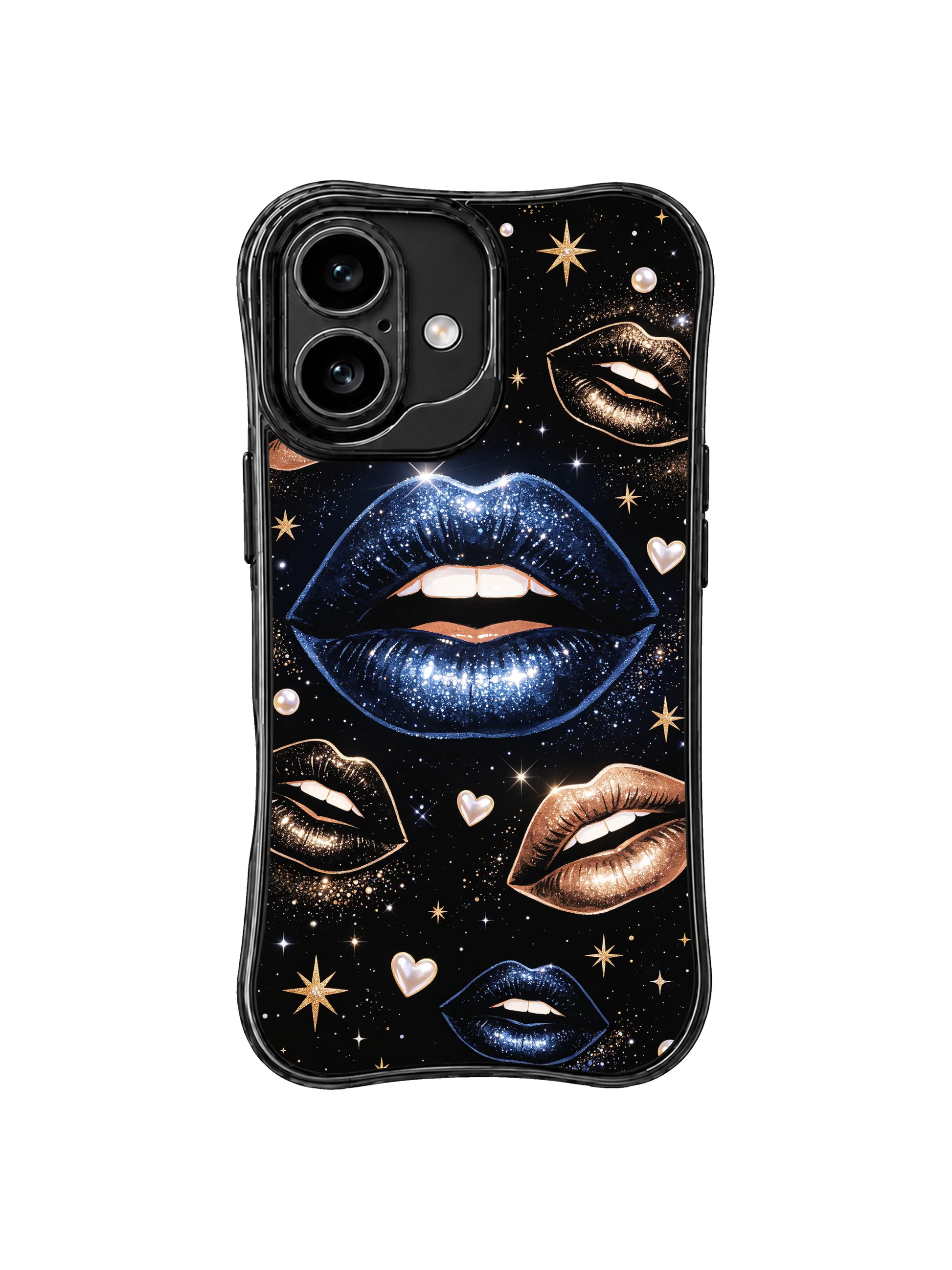 PhoneCasing iPhone 16 case featuring blue cosmic lips, metallic gold lips, black lip accents, and a romantic night-sky art style.