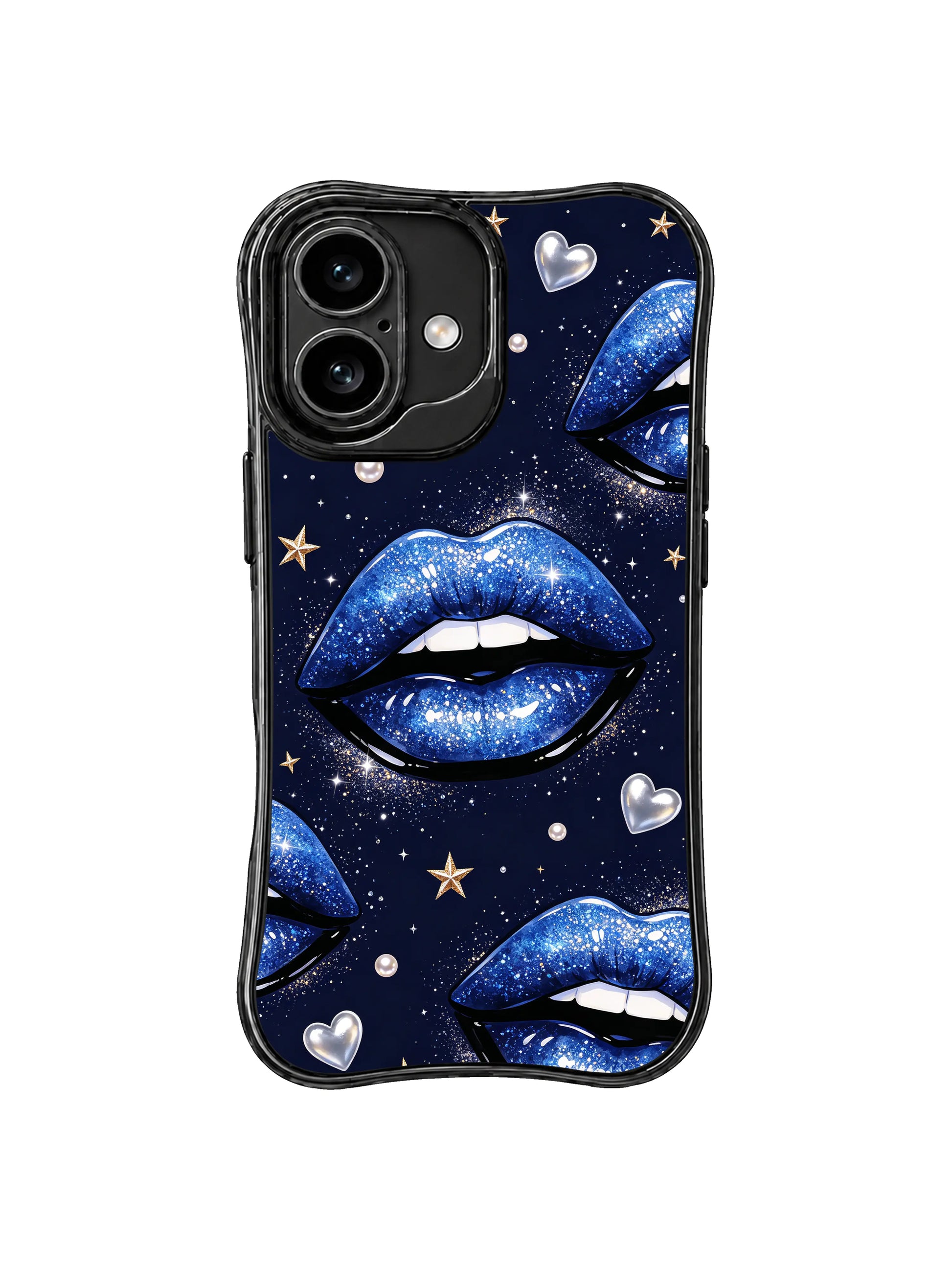 PhoneCasing iPhone 16 case with blue diamond celestial art, glossy lip illustration, and gold star accents for an elevated iPhone16 casing style.