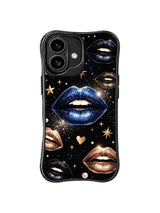 PhoneCasing iPhone 16 case with blue diamond night styling, glitter lips, gold hearts, and a sleek iPhone 16 casing presentation.