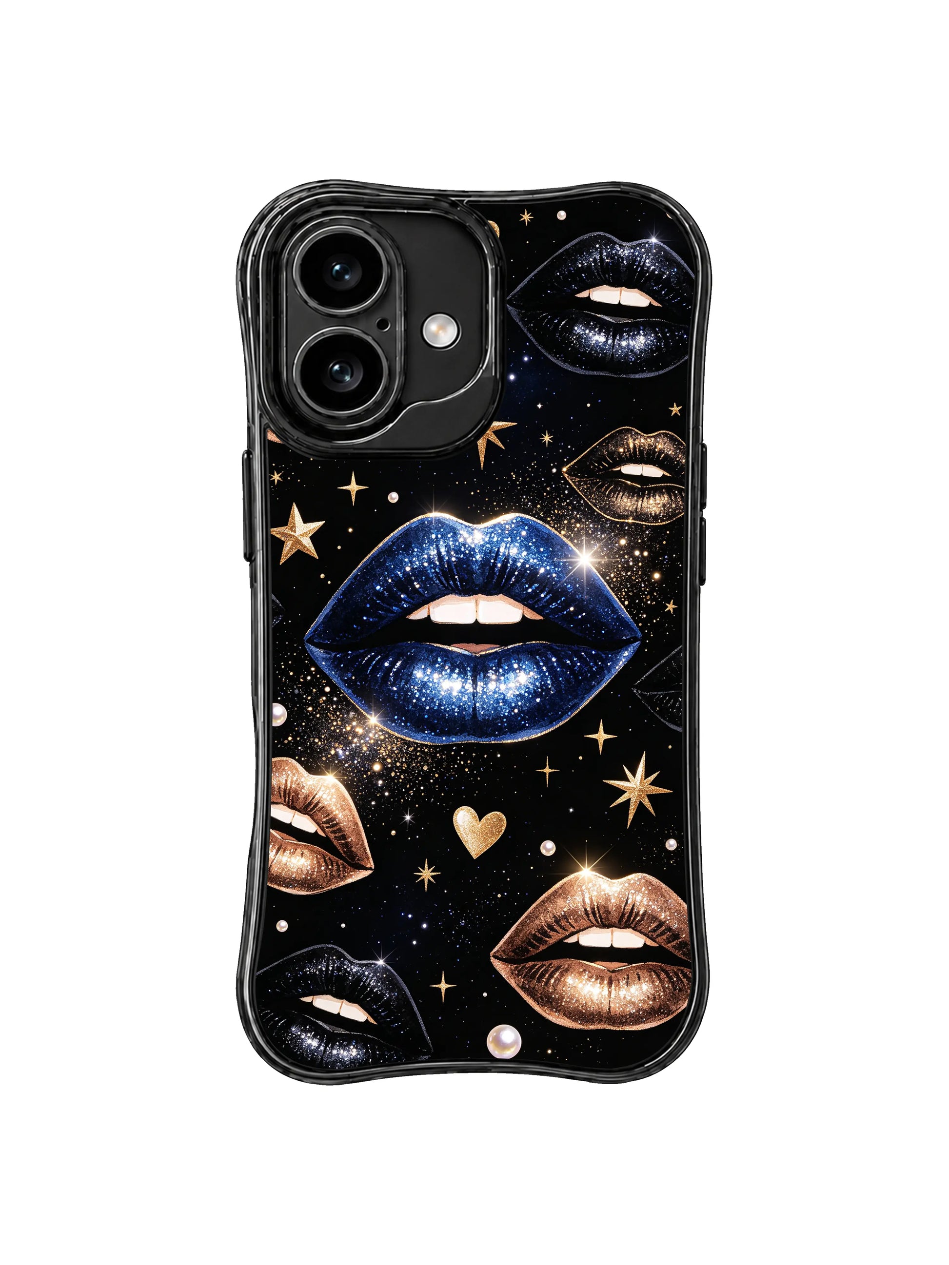 PhoneCasing iPhone 16 case with blue diamond night styling, glitter lips, gold hearts, and a sleek iPhone 16 casing presentation.