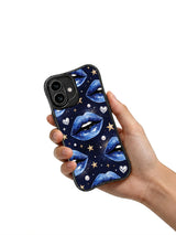 PhoneCasing iPhone 16 case with blue diamond inspired lips and celestial accents, styled as a refined iphone 16 cover.
