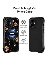 PhoneCasing iPhone 16 case with blue glitter lips, gold lip accents, tiny stars, and pearl details for shoppers browsing artistic iPhone 16 cases.