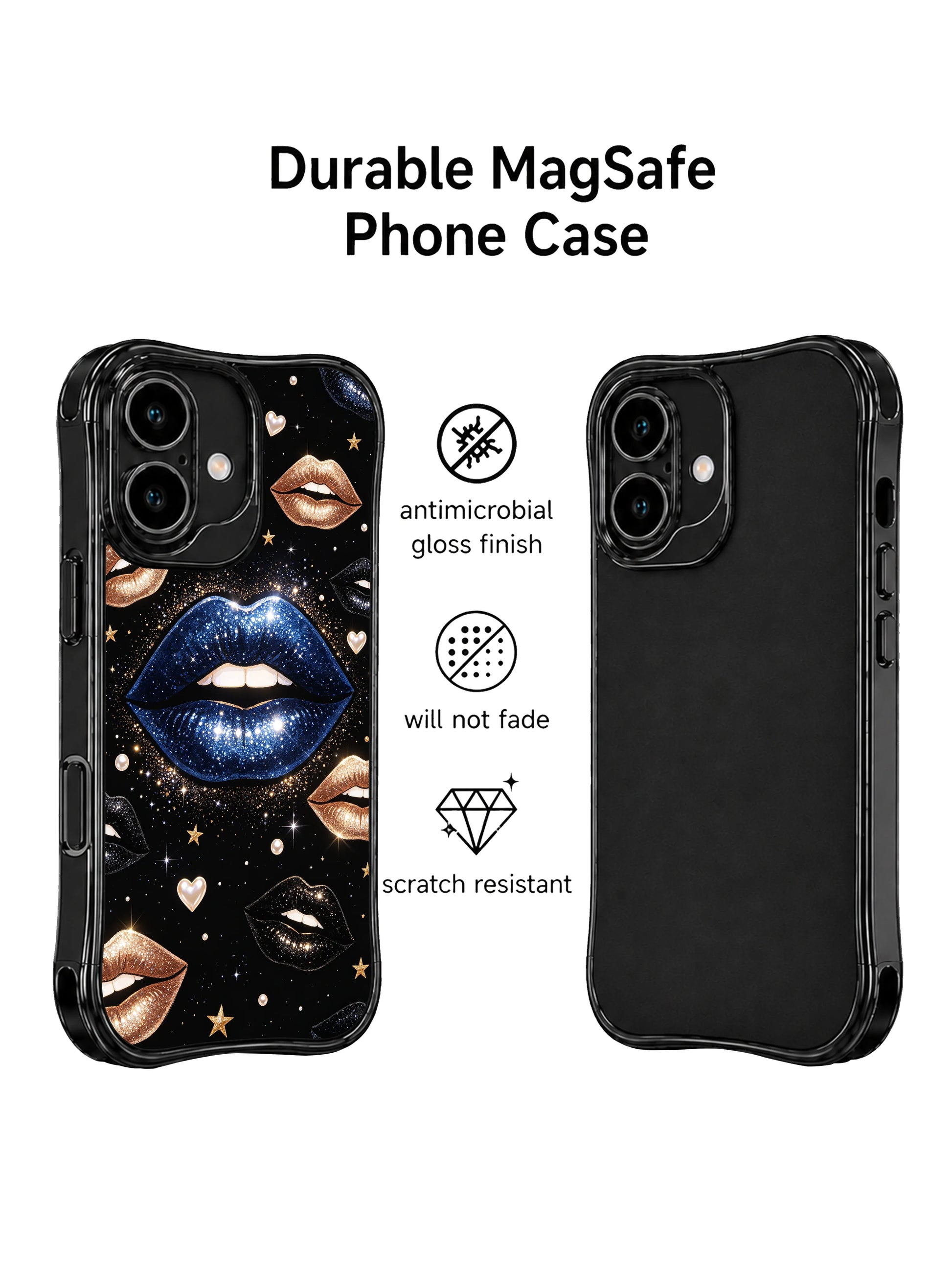 PhoneCasing iPhone 16 case with blue glitter lips, gold lip accents, tiny stars, and pearl details for shoppers browsing artistic iPhone 16 cases.