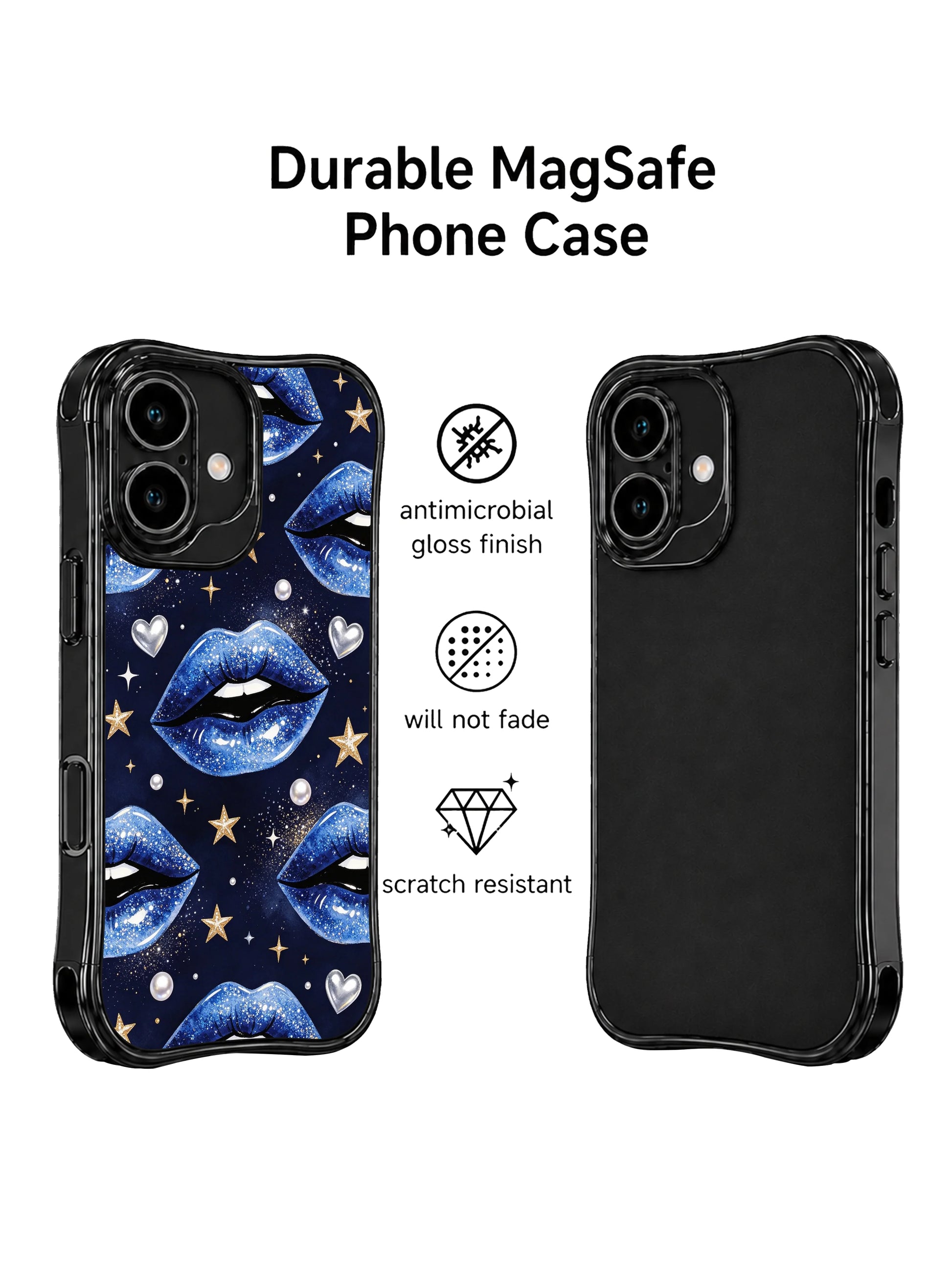 PhoneCasing iPhone 16 case with blue glitter lips, metallic star accents, and silver heart details for shoppers browsing bold iPhone 16 cases.