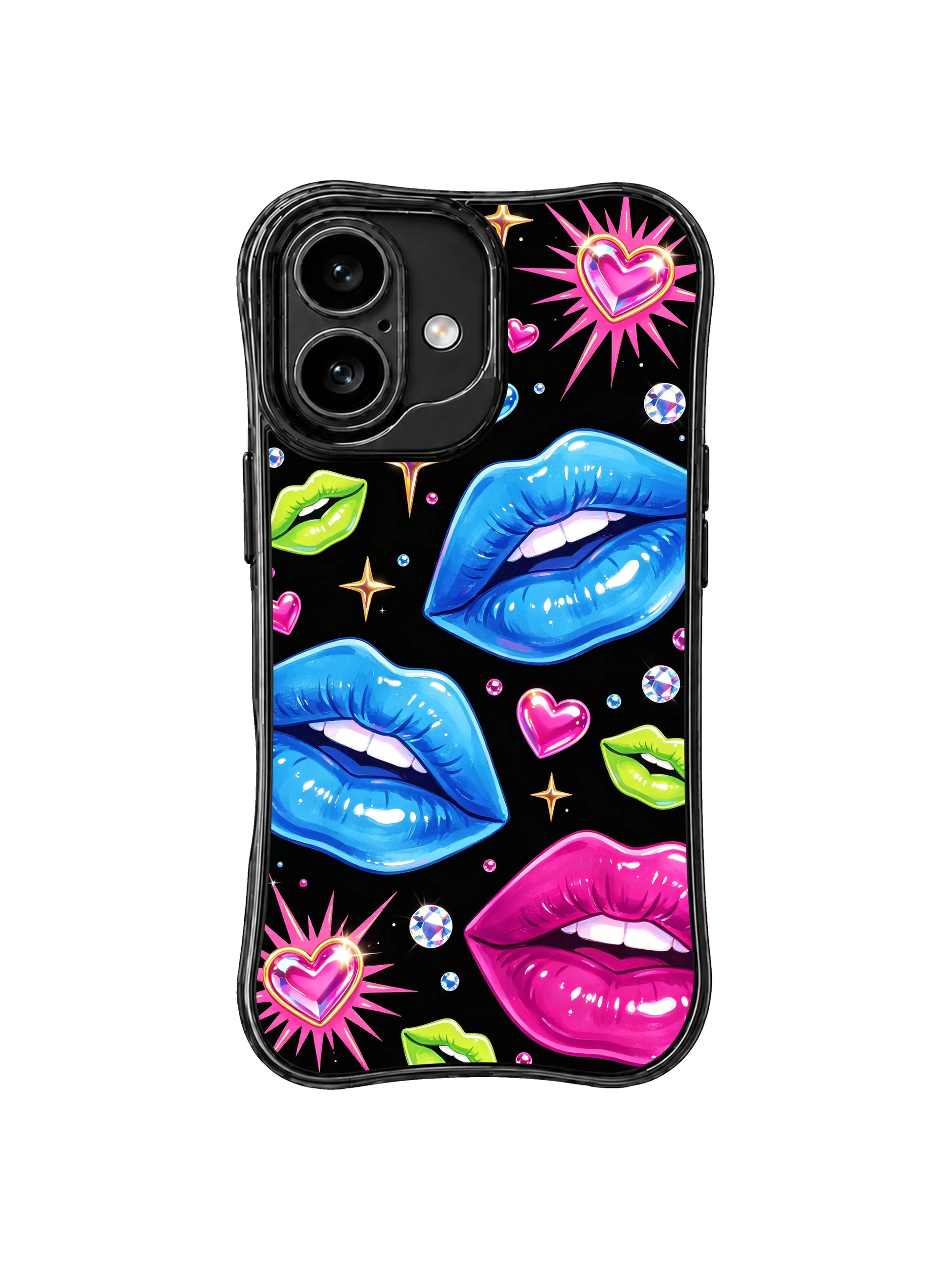 PhoneCasing iPhone 16 case with blue lips, pink hearts, crystal dots, and vivid glam styling for modern iPhone 16 cases.