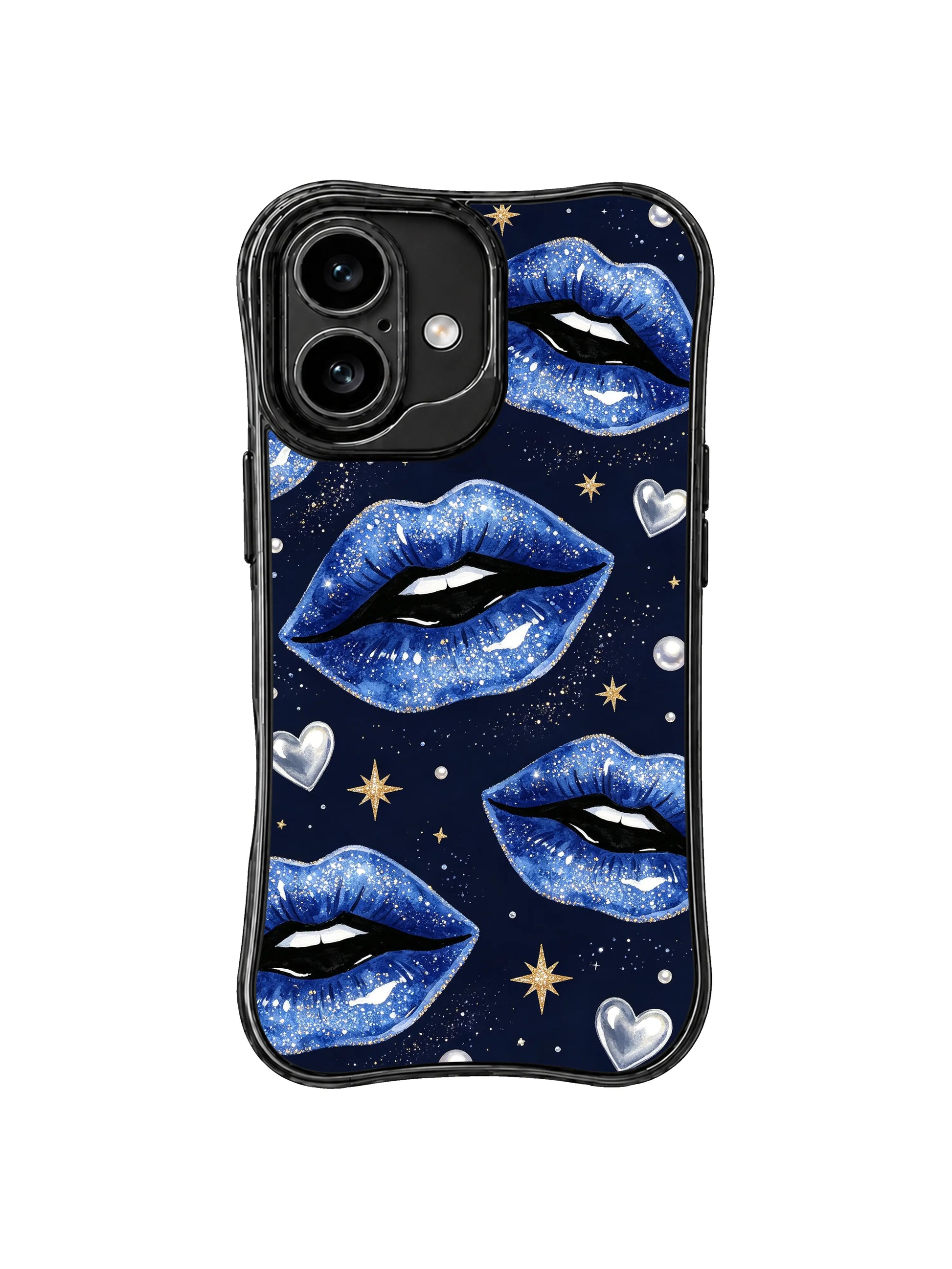 PhoneCasing iPhone 16 case with blue lips, silver heart accents, and starry details for a polished everyday iPhone 16 cover.