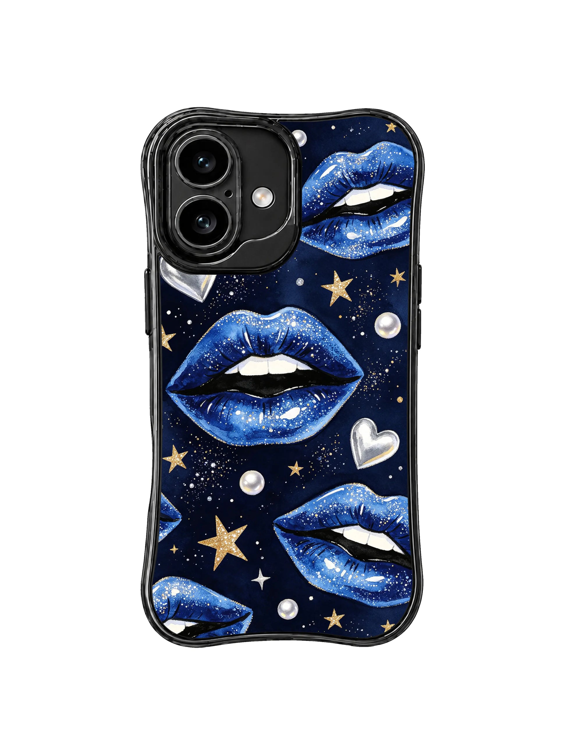 PhoneCasing iPhone 16 case featuring blue night glam cover art with glitter lips, silver hearts, and gold stars.