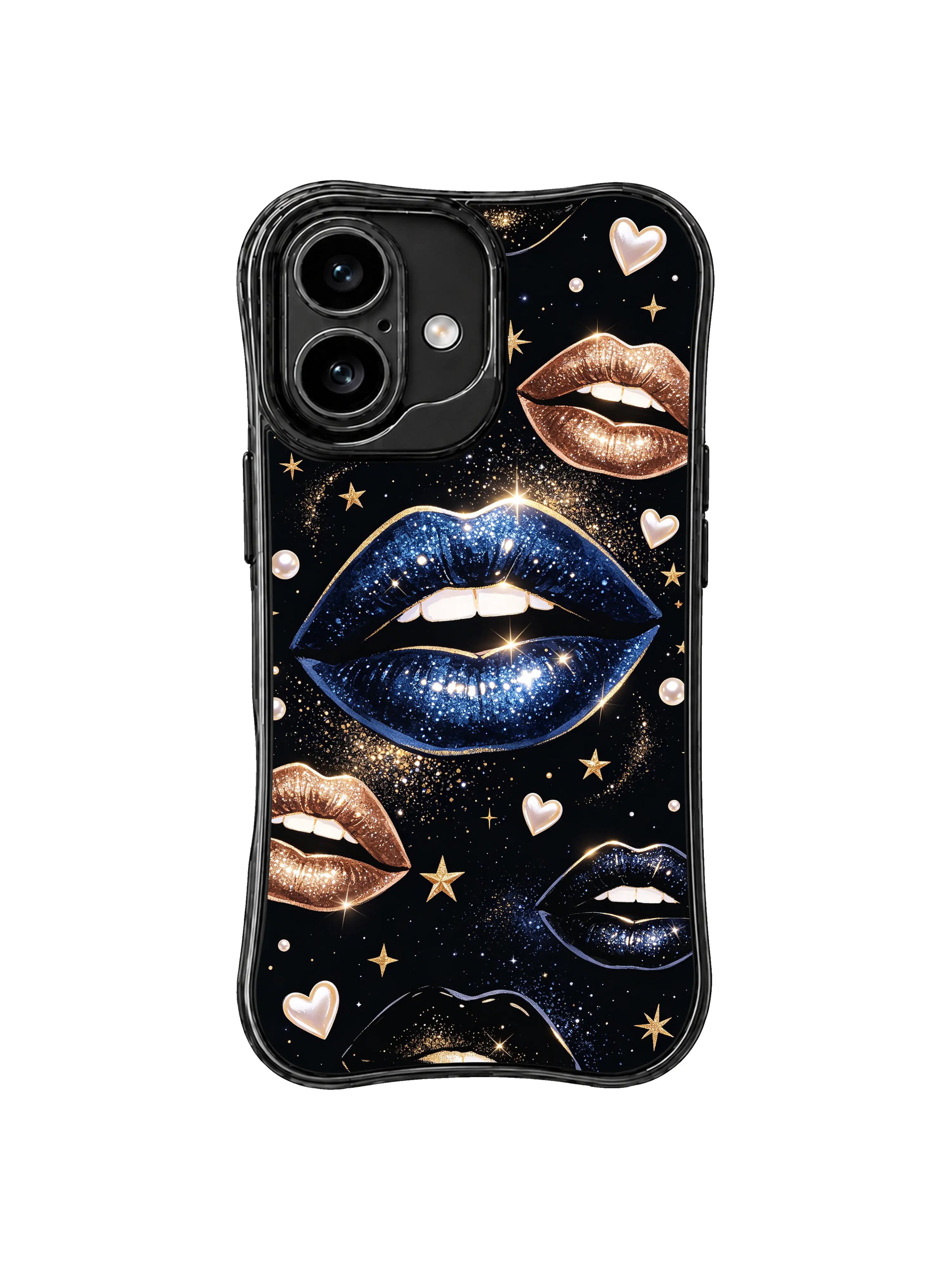 PhoneCasing iPhone 16 case featuring blue night kiss artwork with pearl hearts and gold shimmer for iPhone 16 Pro Max case shoppers.