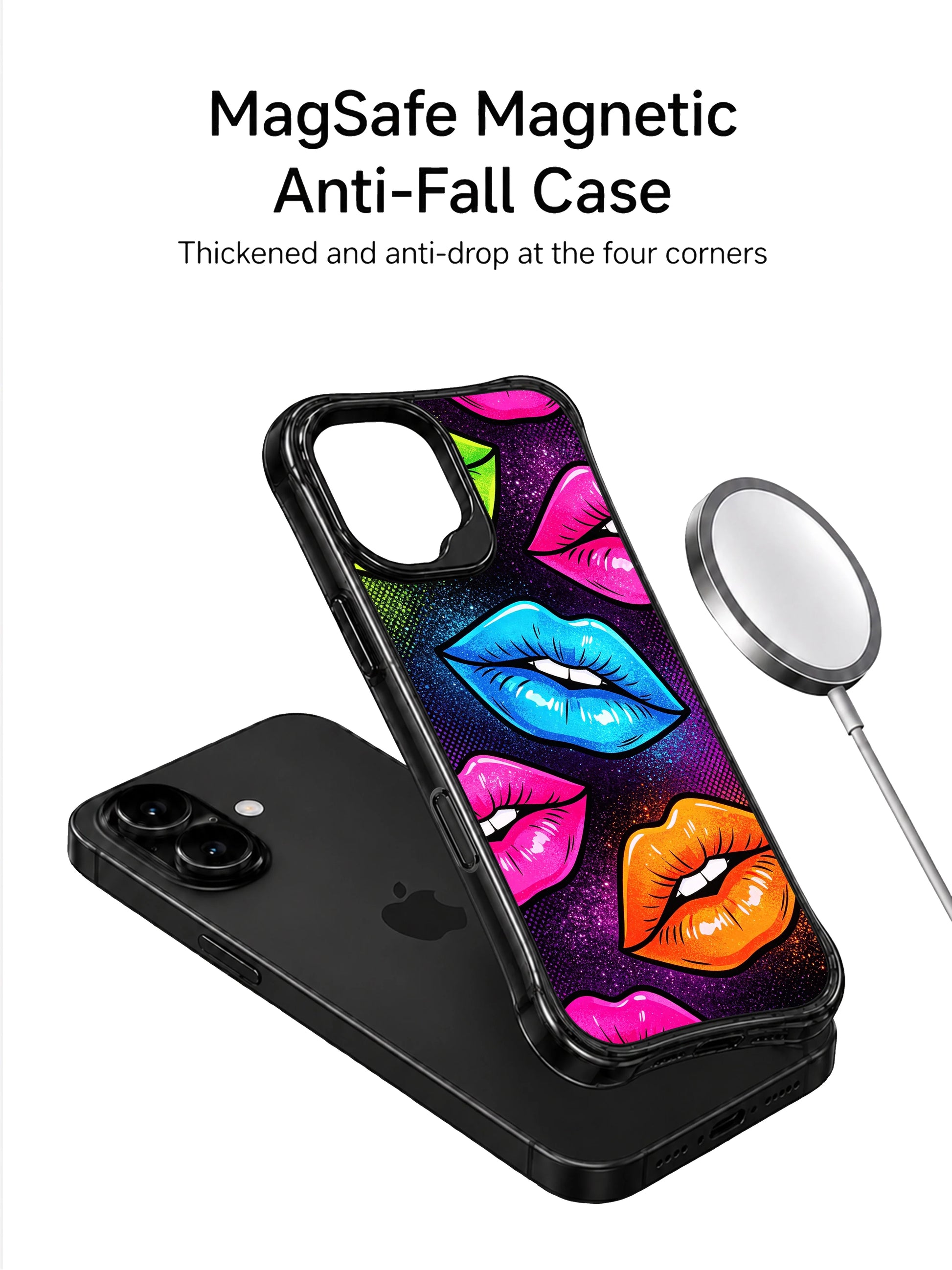 PhoneCasing iPhone 16 case featuring blue and orange glossy lips on a dark purple halftone background, styled like a bold iPhone16 casing.