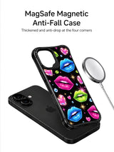 PhoneCasing iPhone 16 case featuring blue and pink lip art with lime accents, crystal dots, and a playful iPhone16 casing style.