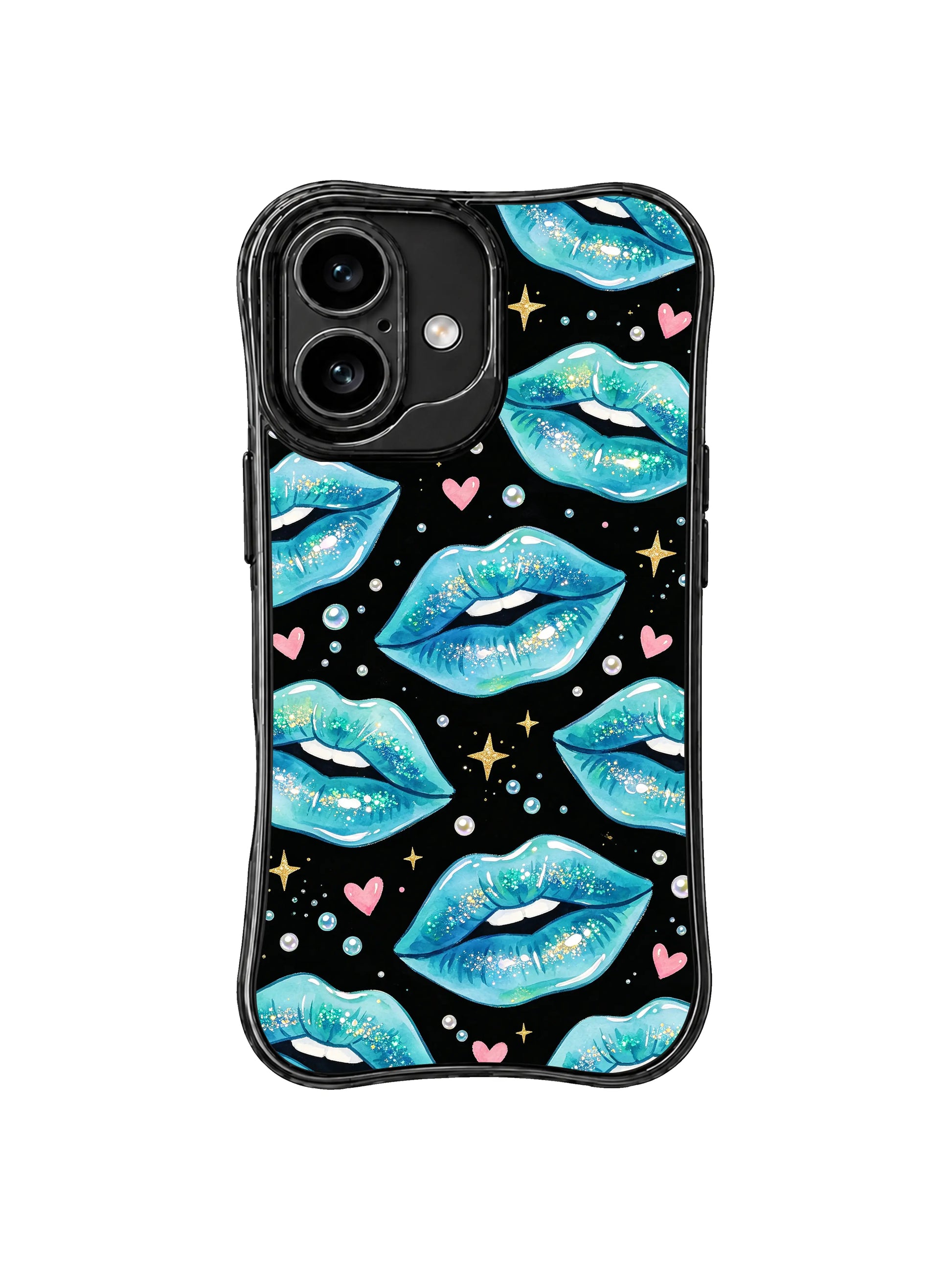 PhoneCasing iPhone 16 case with blue tide kiss artwork, luminous lip highlights, gold stars, and a refined iPhone 16 Pro case mood.