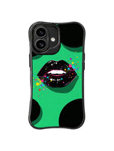 PhoneCasing iPhone 16 case featuring bold black lip artwork, emerald green space, and colorful sparks for a stylish iPhone 16 casing.