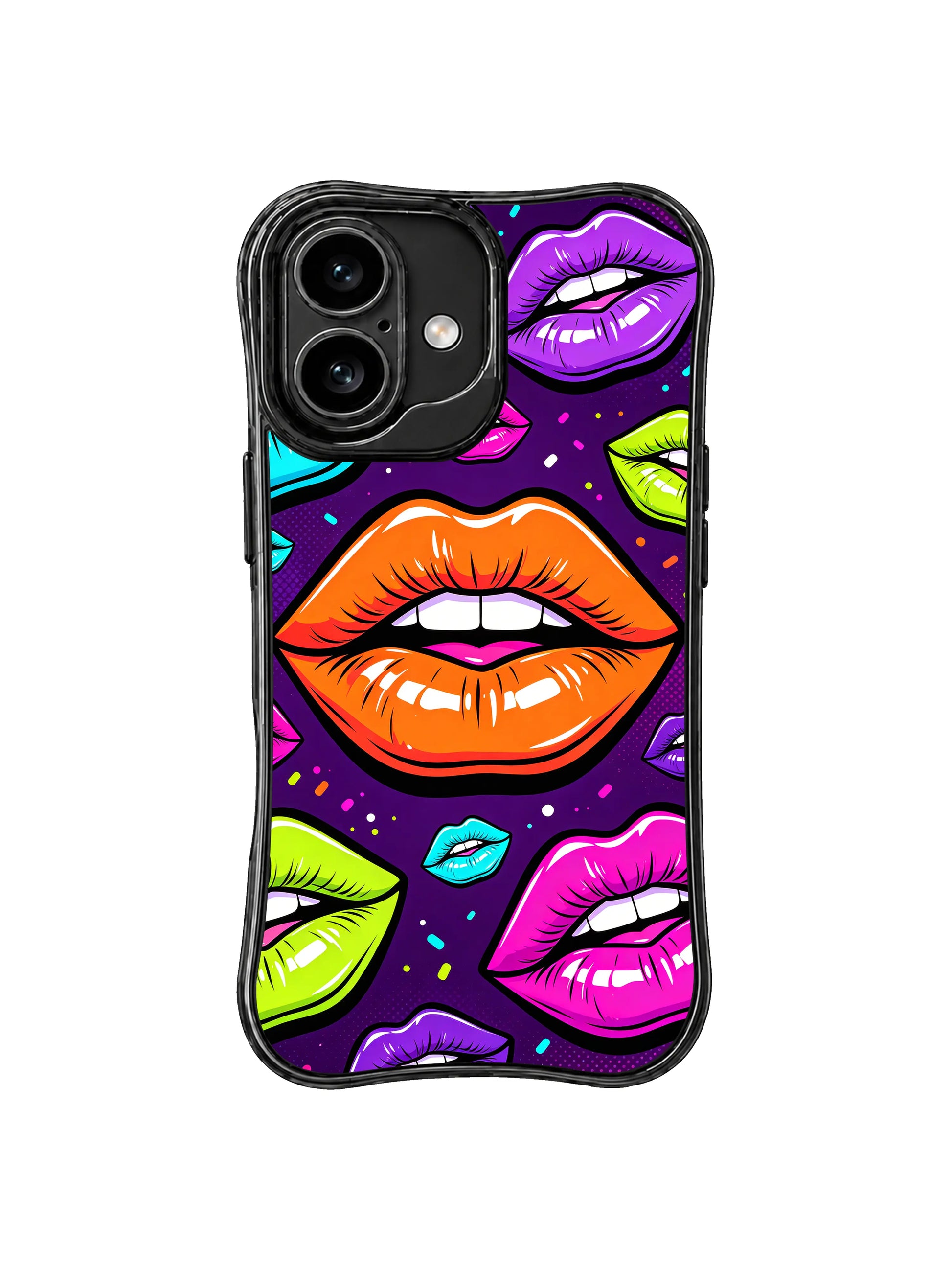 PhoneCasing iPhone 16 case with bold orange lips and neon pop colors, styled for shoppers also browsing iPhone 16 Pro case designs.