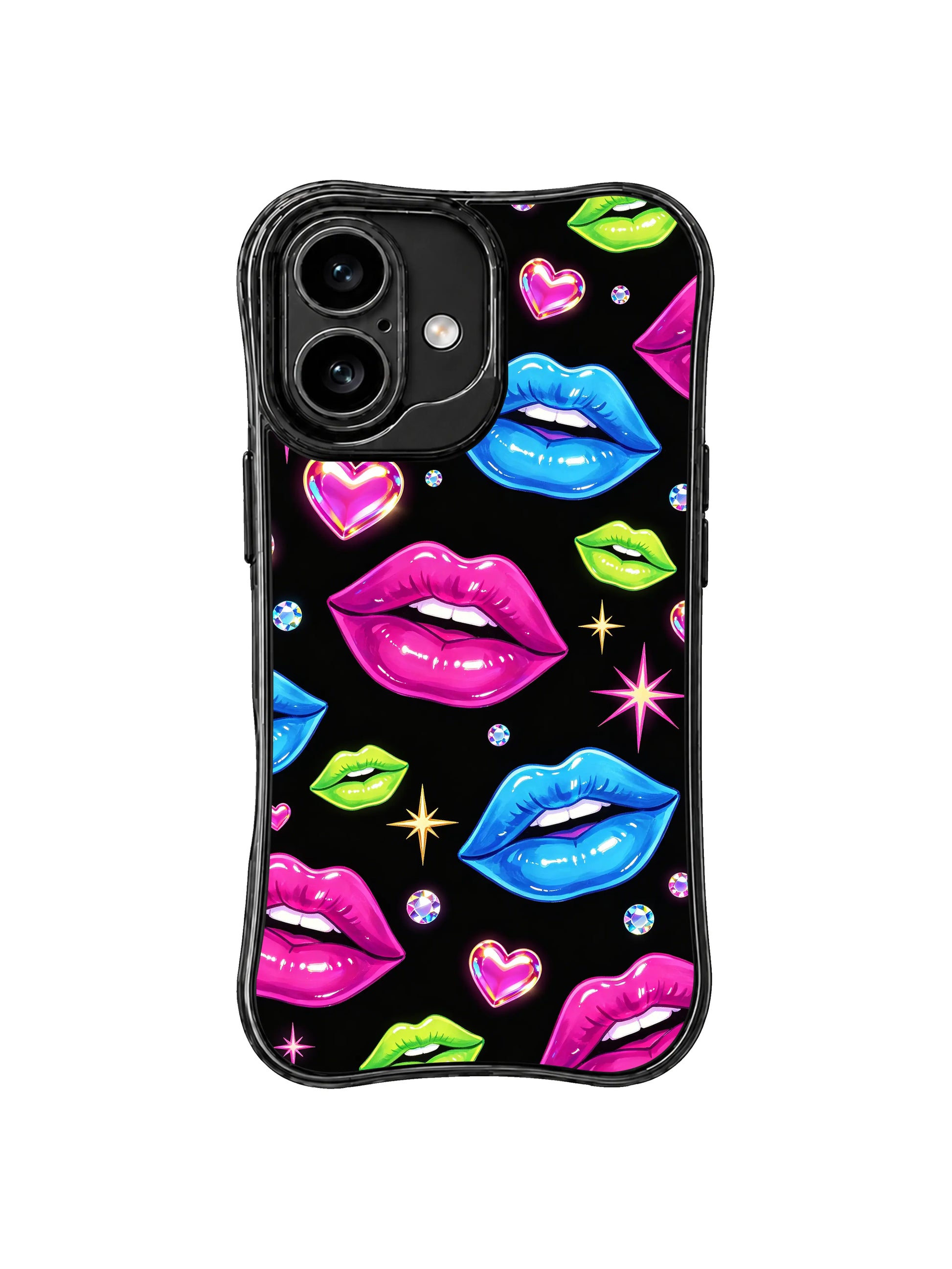 PhoneCasing iPhone 16 case with bright lip and heart cover artwork, blue magenta lime colors, and a polished iPhone16 casing look.