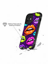 PhoneCasing iPhone 16 case featuring a bright orange lip pattern with neon side lips, black outlines, and playful pop-art movement.