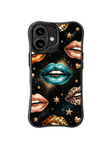 PhoneCasing iPhone 16 case with bronze leopard galaxy artwork, teal glossy lips, gold stars, and a polished black-background finish.