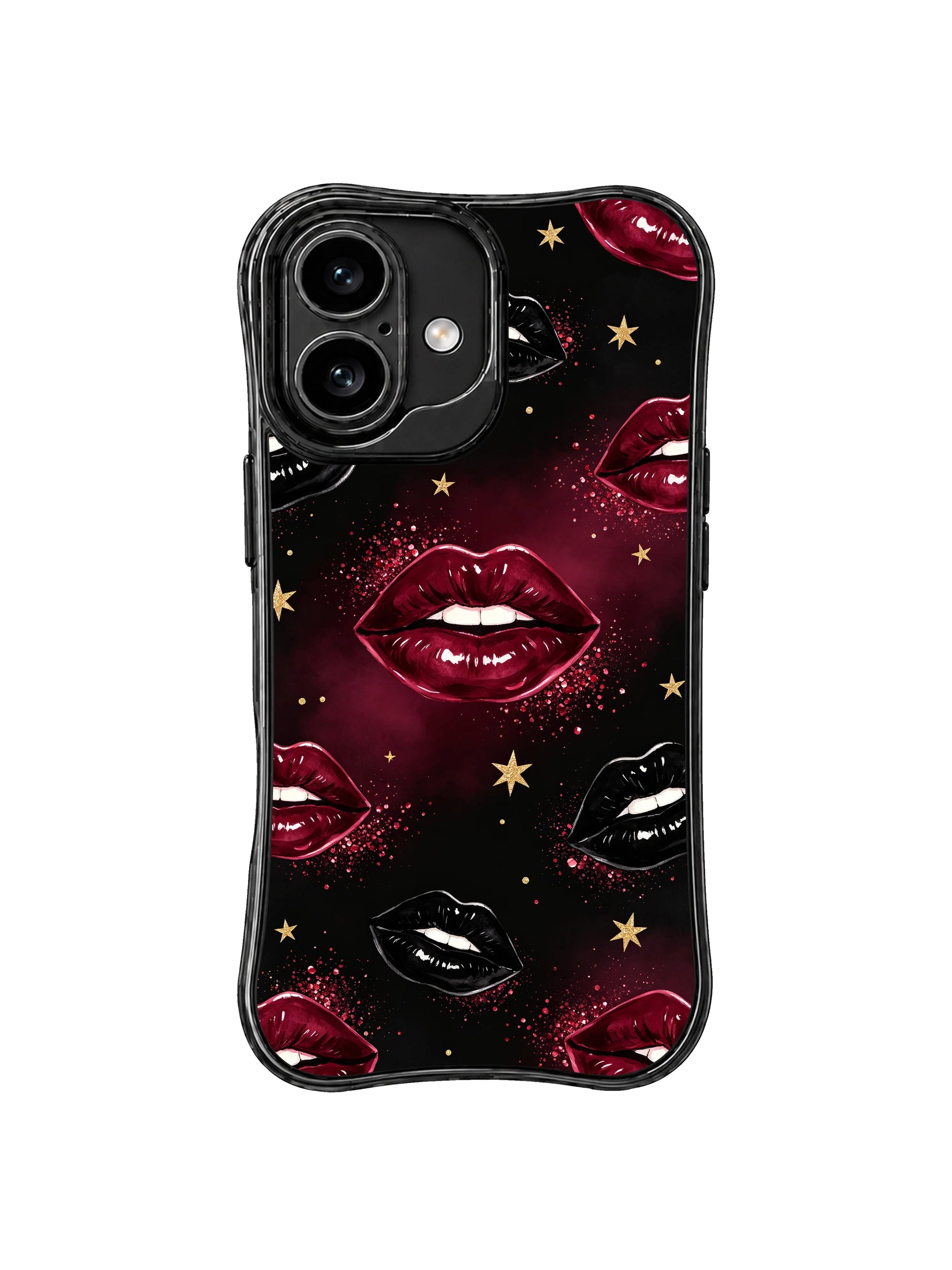 PhoneCasing iPhone 16 case featuring Burgundy Night Kiss artwork with wine red glossy lips, black lips, gold stars, and deep night-sky shimmer.