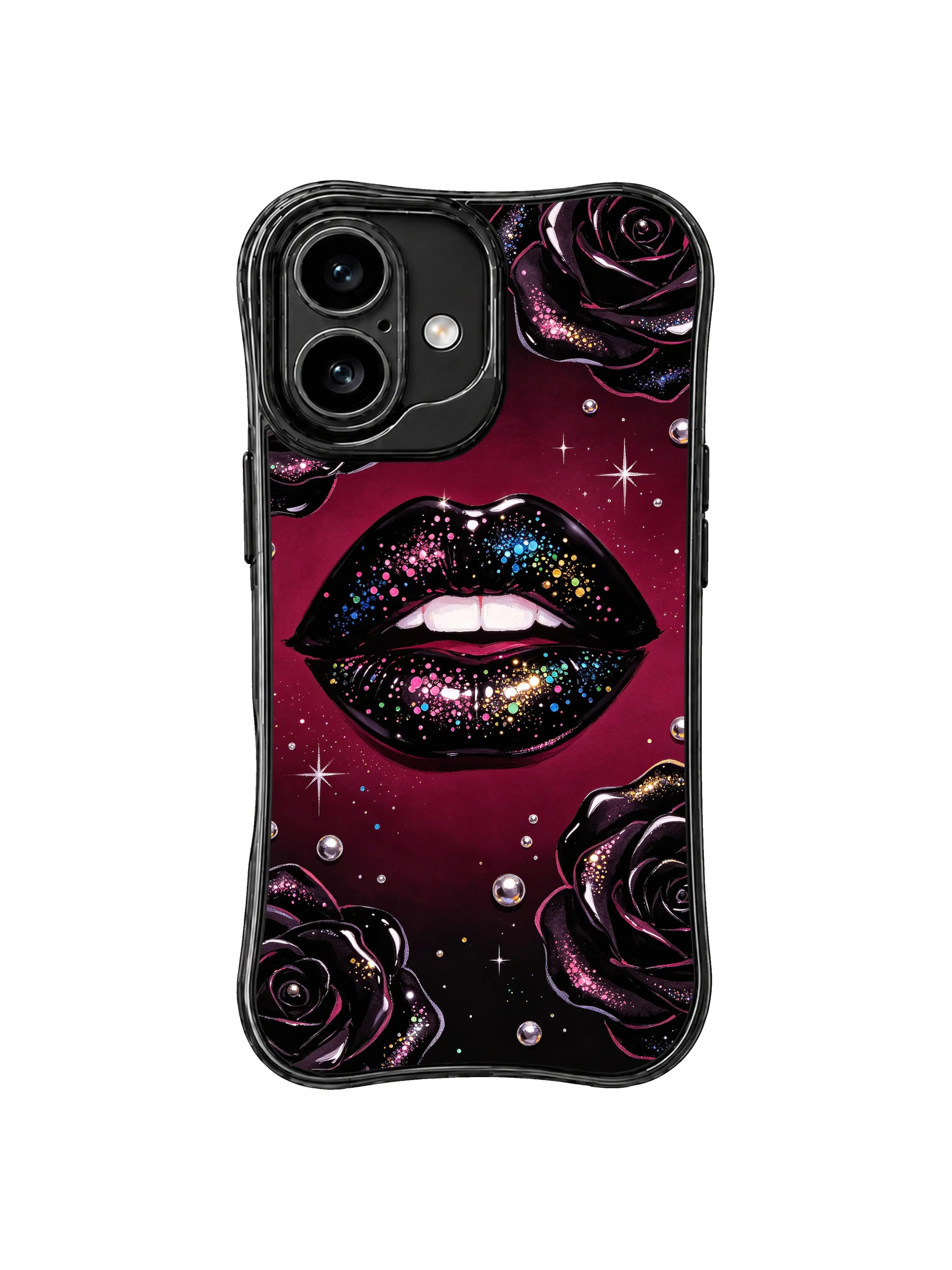 PhoneCasing iPhone 16 case featuring burgundy night rose glam with black lips, silver pearl accents, and quiet confidence for iPhone 16 cases.
