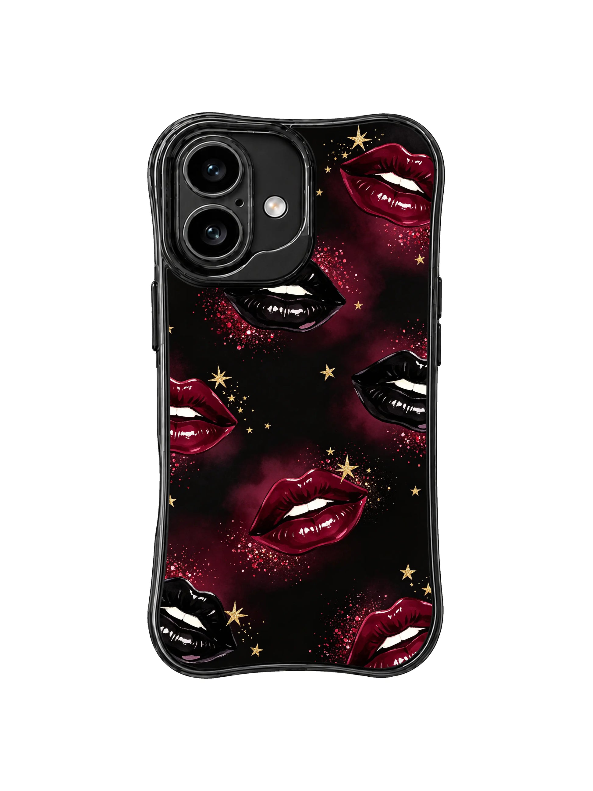 PhoneCasing iPhone 16 case with burgundy noir kiss artwork, glossy lip illustration, gold star details, and deep black contrast.