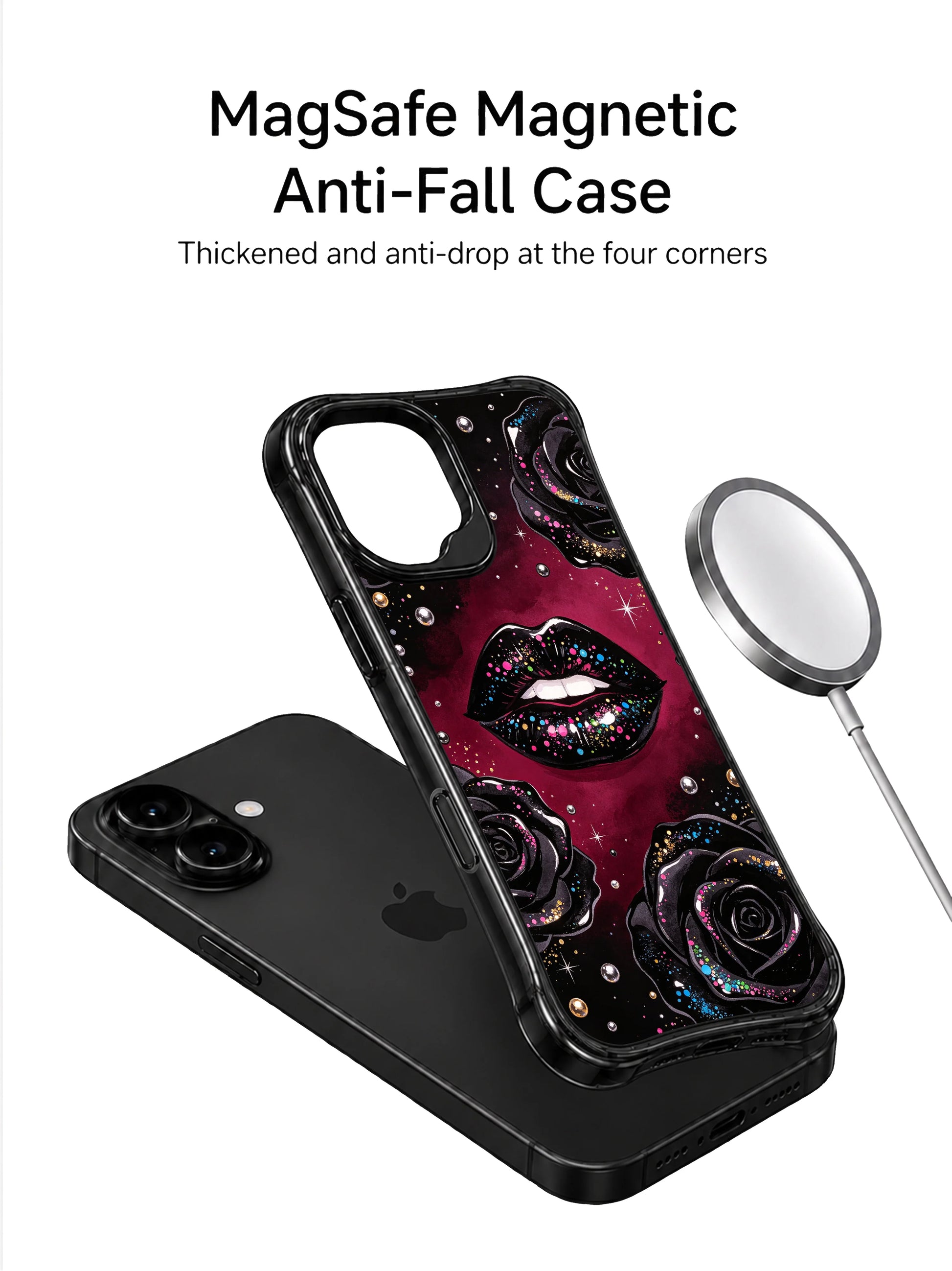 PhoneCasing iPhone 16 case showcasing burgundy rose lip art with black lacquer lips, glitter specks, and star-like shine for a bold iPhone16 casing look.