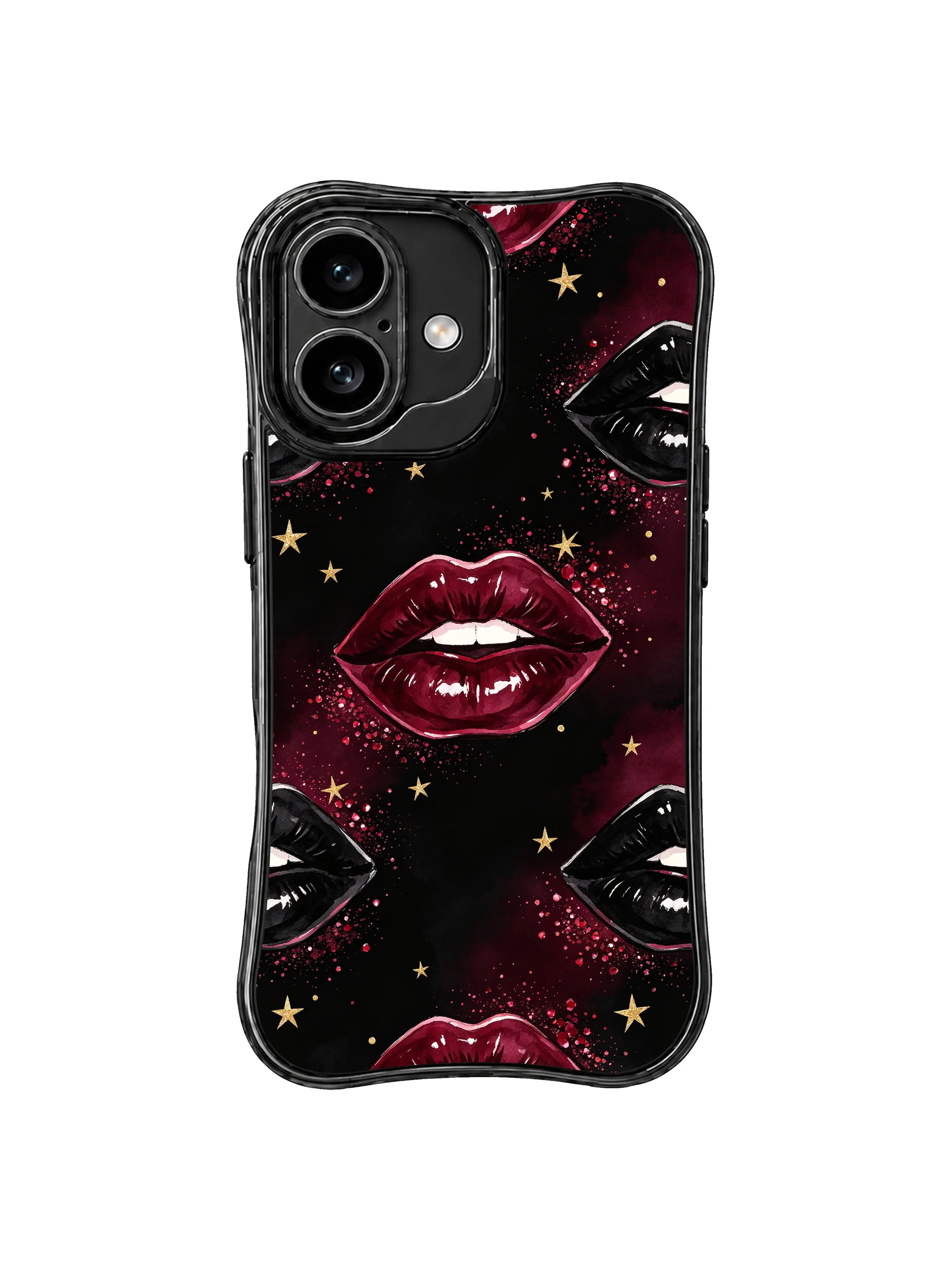 PhoneCasing iPhone 16 case with burgundy shadow cover artwork, glossy lips, red sparkle, and black night-sky depth.