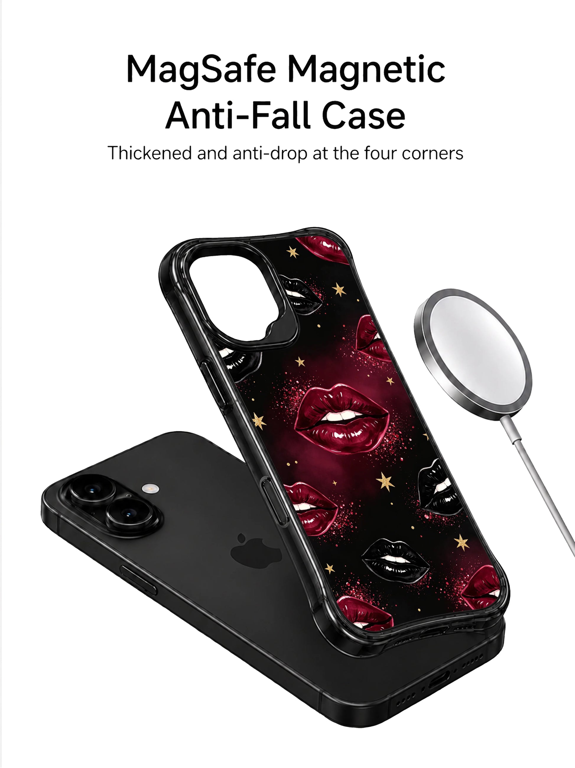 PhoneCasing iPhone 16 case featuring burgundy star kiss artwork with glossy red lips, gold stars, and smoky black background detail.