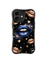PhoneCasing iPhone 16 case featuring a celestial blue lip pattern with gold stars, black lips, bronze lips, and a dreamy iPhone 16 cover mood.