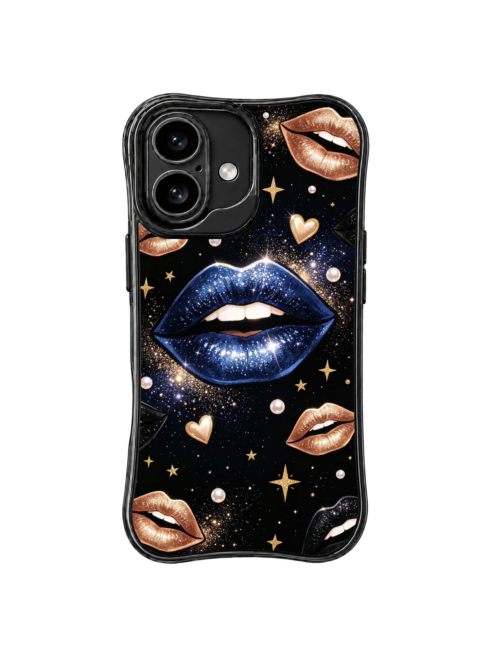 PhoneCasing iPhone 16 case featuring a celestial blue lip pattern with gold stars, black lips, bronze lips, and a dreamy iPhone 16 cover mood.