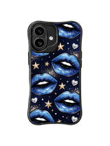 PhoneCasing iPhone 16 case featuring celestial blue lips, soft pearl dots, gold stars, and a dreamy midnight pattern.